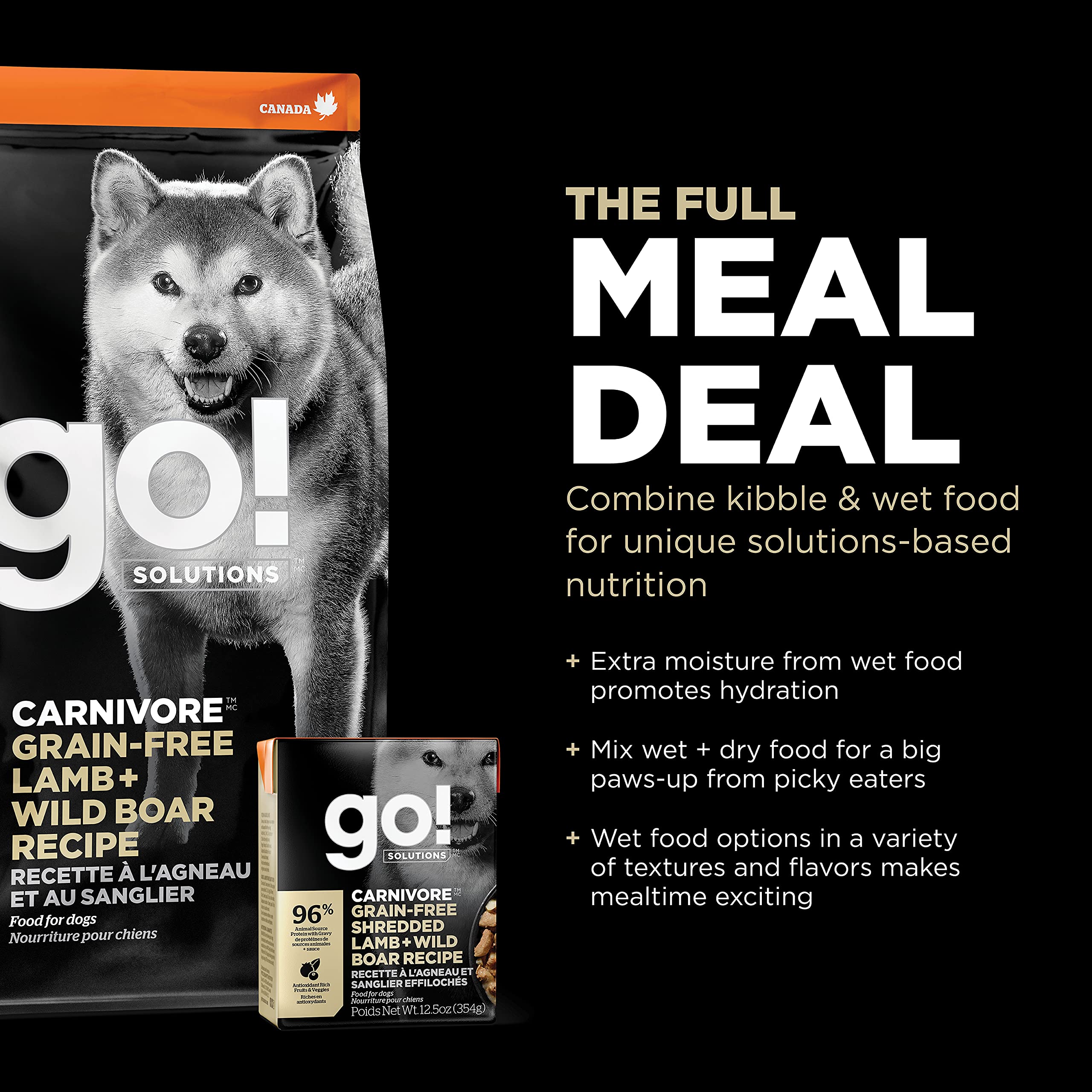 Go! Solutions Carnivore Grain-Free Dry Dog Food - High Protein Lamb & Wild Boar Recipe, 22lb Bag - Perfect for Active Dogs & Protein-Rich Diets