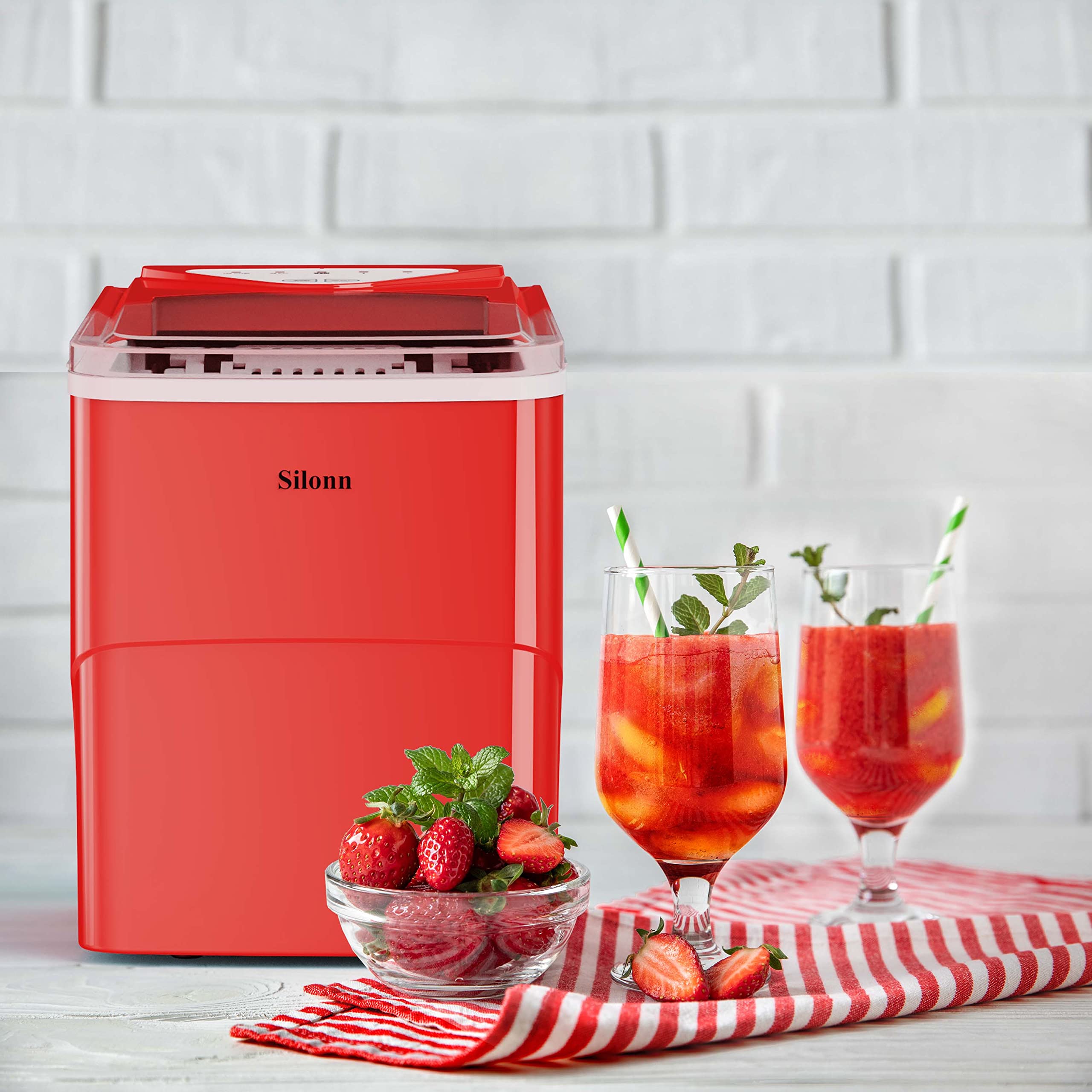 Silonn Countertop Ice Maker Machine - 9 Cubes in 6 Minutes, 26lbs Daily, Self-Cleaning with Ice Scoop & Basket - 2 Bullet Ice Sizes for Home, Kitchen, Office, Bar, Party (Red) | Perfect for Cocktails, Beverages, and Entertaining Guests