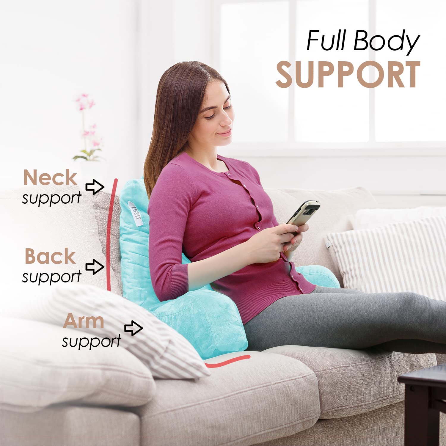 Nestl Reading Pillow with Shredded Memory Foam - Standard Bed Pillow for Back Support, Sitting in Bed, Reading & Relaxing - Light Blue Backrest Pillow with Pockets - Perfect for Bed, Chair, Sofa & Arm Support - Ideal for Reading, Watching TV, Nursing & Lounging