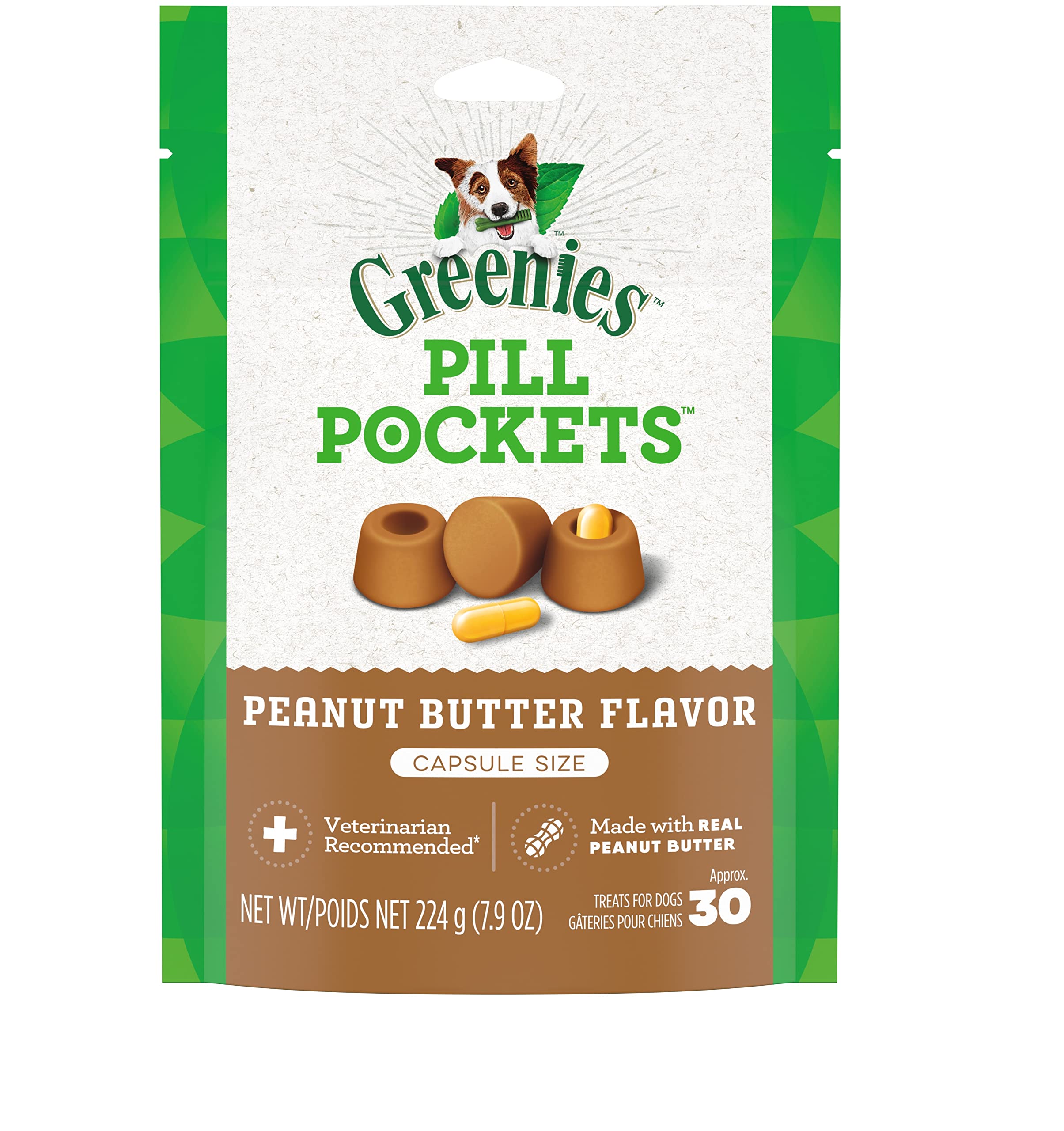 Greenies Pill Pockets for Dogs - Natural Soft Dog Treats with Real Peanut Butter, Capsule Size, 7.9 oz Pack (30 Treats) - Perfect for Hiding Medication and Rewarding Your Pet During Training Sessions
