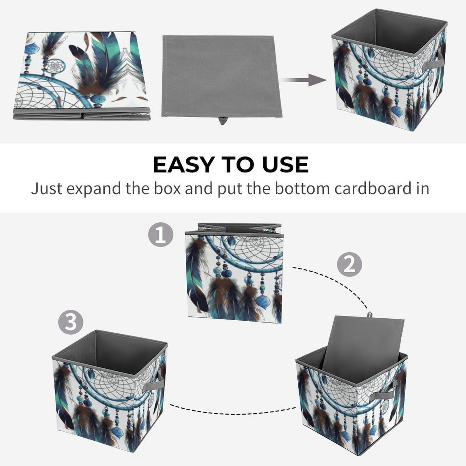Large Collapsible Storage Bins with Handles - 10.6x10.6x10.6 Inch Dream Catcher Design Closet Organizers for Home & Office - Perfect for Toys, Blankets, Books & Seasonal Decor Organization