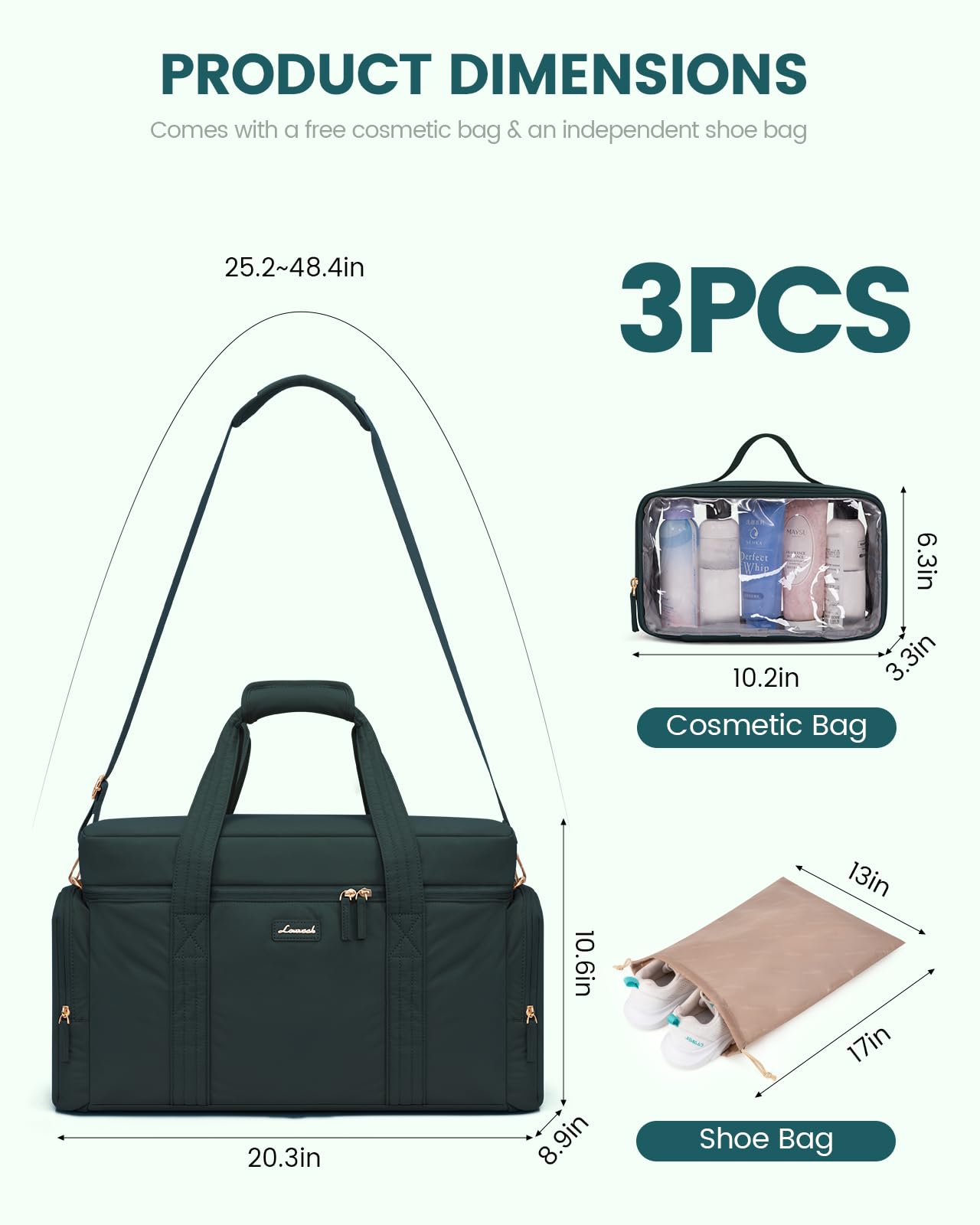LOVEVOOK Women's Travel Duffle Bag - 3-Piece Puffer Weekender Set with Toiletry Bag & Wet Pocket | Carry-On Airplane Bag, Overnight Bag, Hospital Delivery Bag, Yoga Gym Bag | Perfect for Travel, Workouts & Maternity (Cyan)