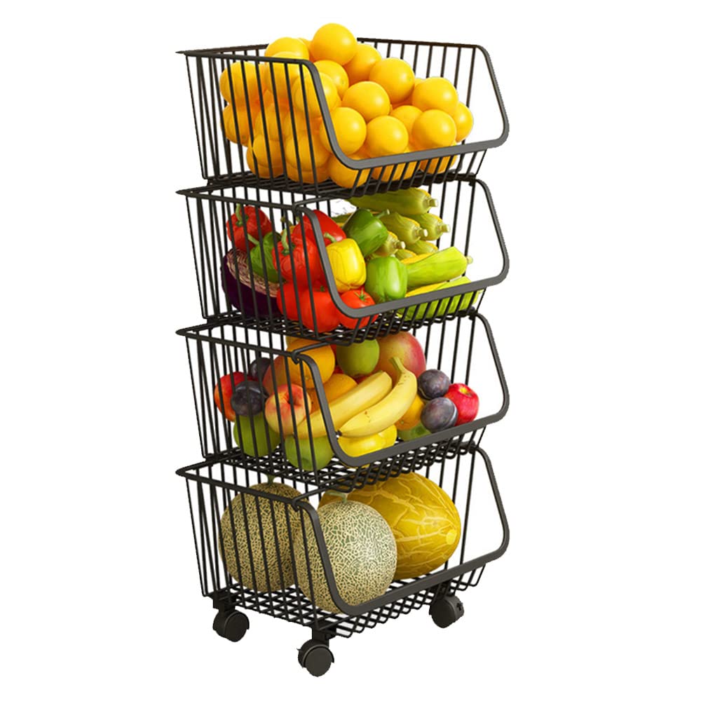 5-Tier Stackable Metal Wire Fruit Basket - Kitchen Storage Organizer for Vegetables, Onions, Potatoes & Snacks - Space-Saving Design for Pantry, Countertop or Rolling Cart with Wheels