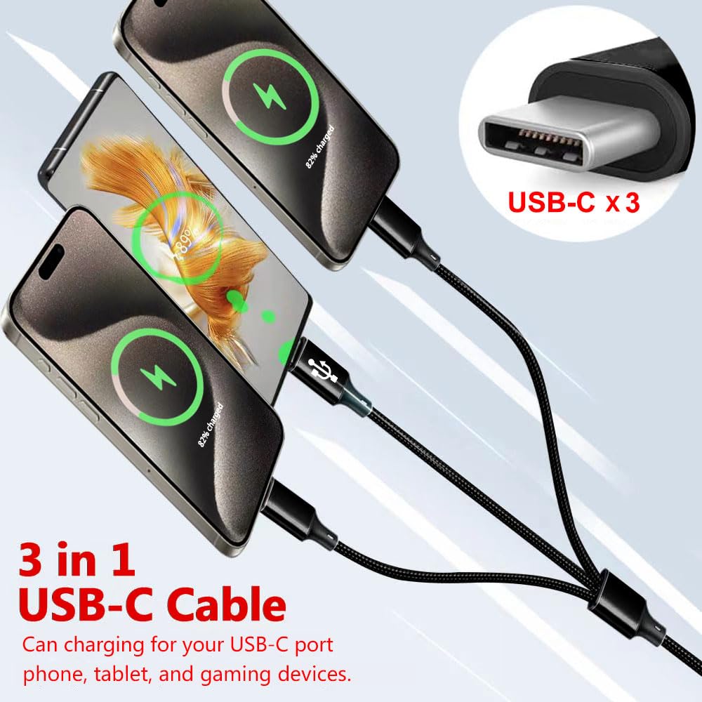 6.6FT Multi USB C Cable - 3 in 1 Fast Charging Cable for iPhone 15 Pro/Pro Max/Plus, iPad Air/Pro, Samsung Galaxy S24/S23, Google Pixel, PS5 - Simultaneous Charging for Multiple Devices - Perfect for Home, Office & Travel