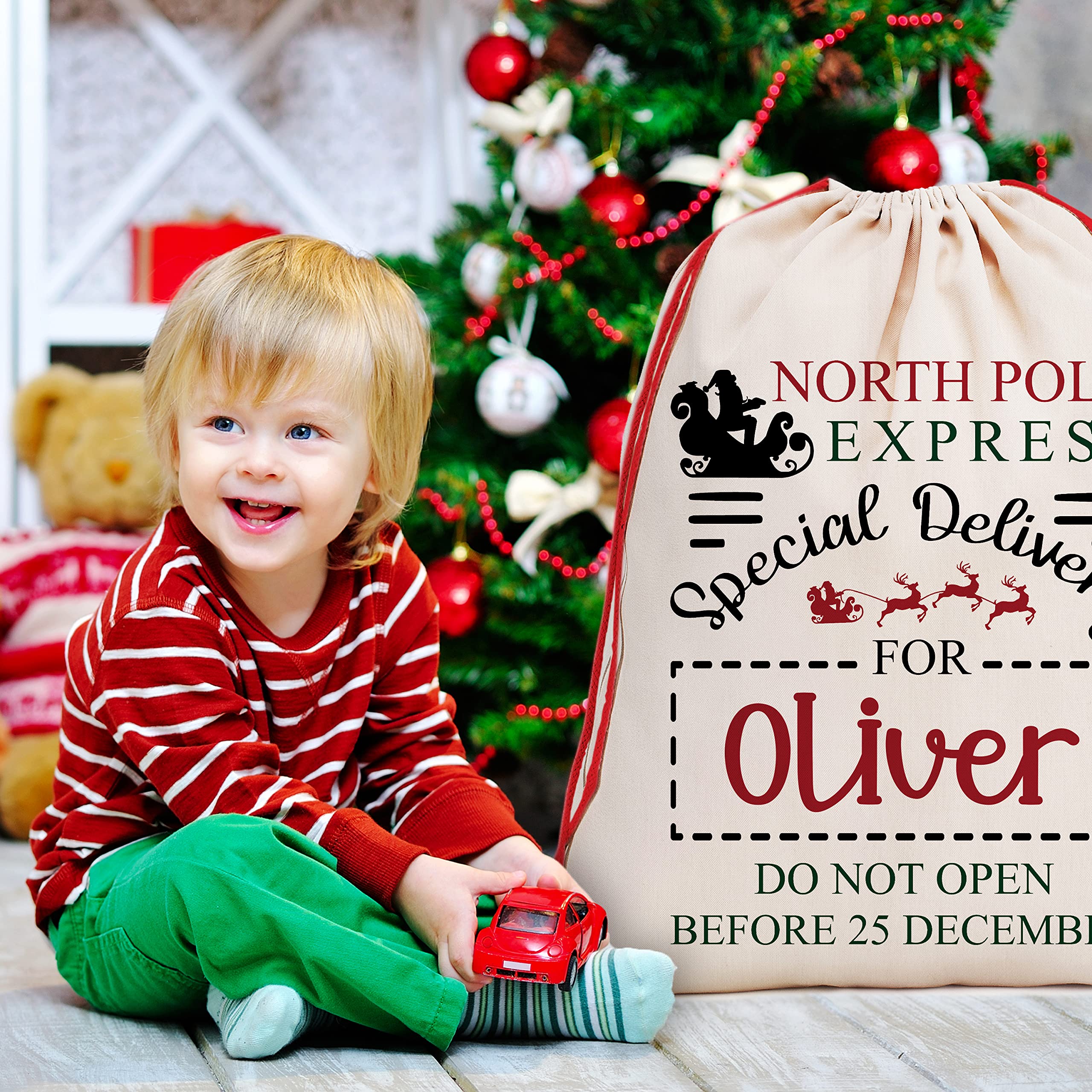 Personalized Santa Sack Gift Set of 4 - Custom Christmas Stocking Bags with Name - 9 Festive Design Options - 27.6