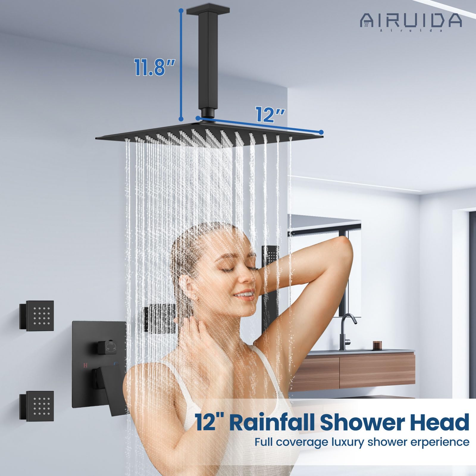 Airuida Matte Black Square 12 Inch Ceiling Mount Shower System - SUS304 Rain Mixer Shower Head with Brass Handheld Spray & 4 Body Jets - Modern Bathroom Fixture for Spa-Like Experience