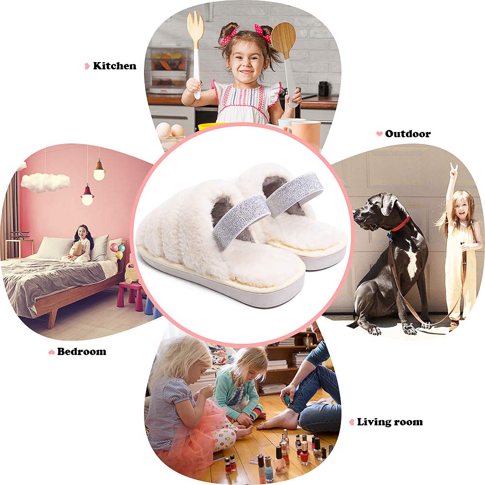 Kids Fluffy Fuzzy Slippers - Soft Faux Fur Open Toe House Shoes for Boys & Girls | Non-Slip Slides with Adjustable Strap | Perfect for Indoor Play, Lounge & Home Comfort