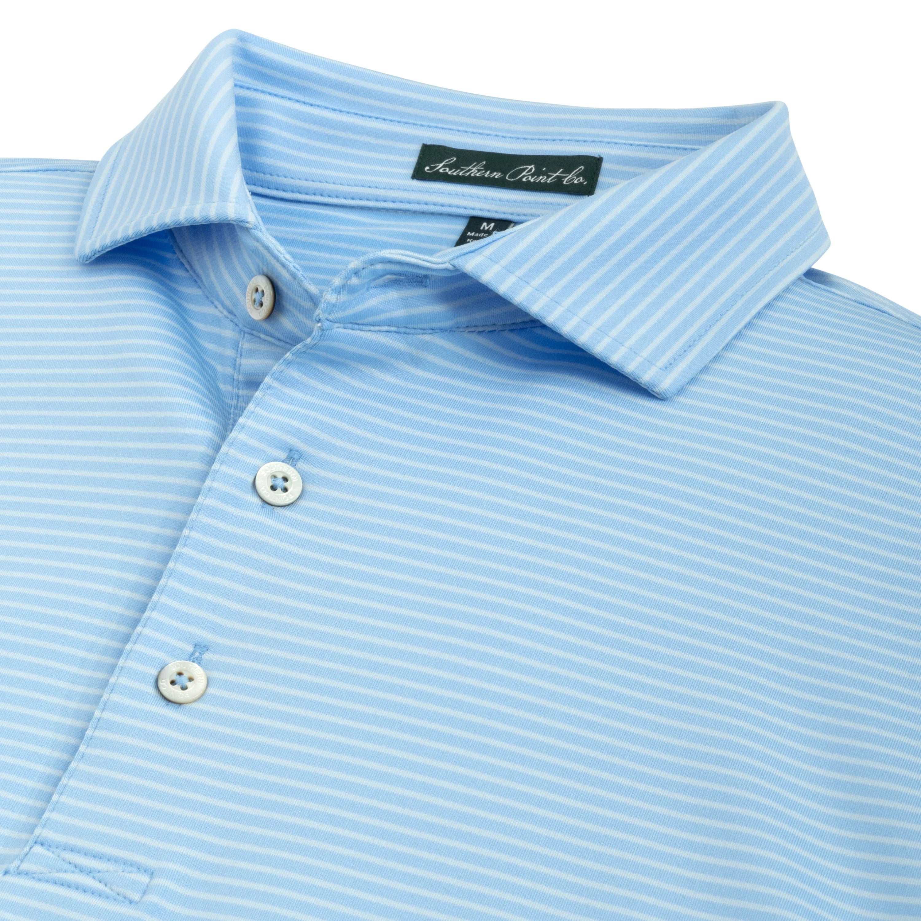 Southern Point Co. Men's Dune Stripe Polo Shirt - Powder Blue & River Blue Casual Slim Fit Golf Shirt | Perfect for Golf, Office Wear & Summer Outfits