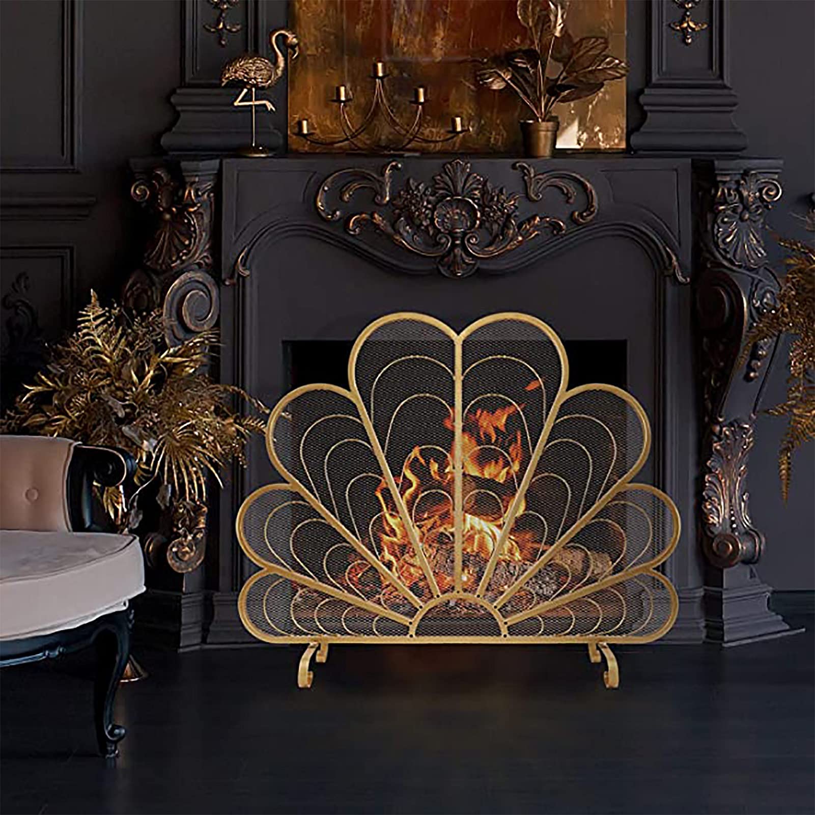 Gold Peacock Feather Fireplace Screen - 32 Inch Tall Single Panel Mesh Spark Guard for Living Room | Elegant Home Decor & Fireplace Safety Accessory