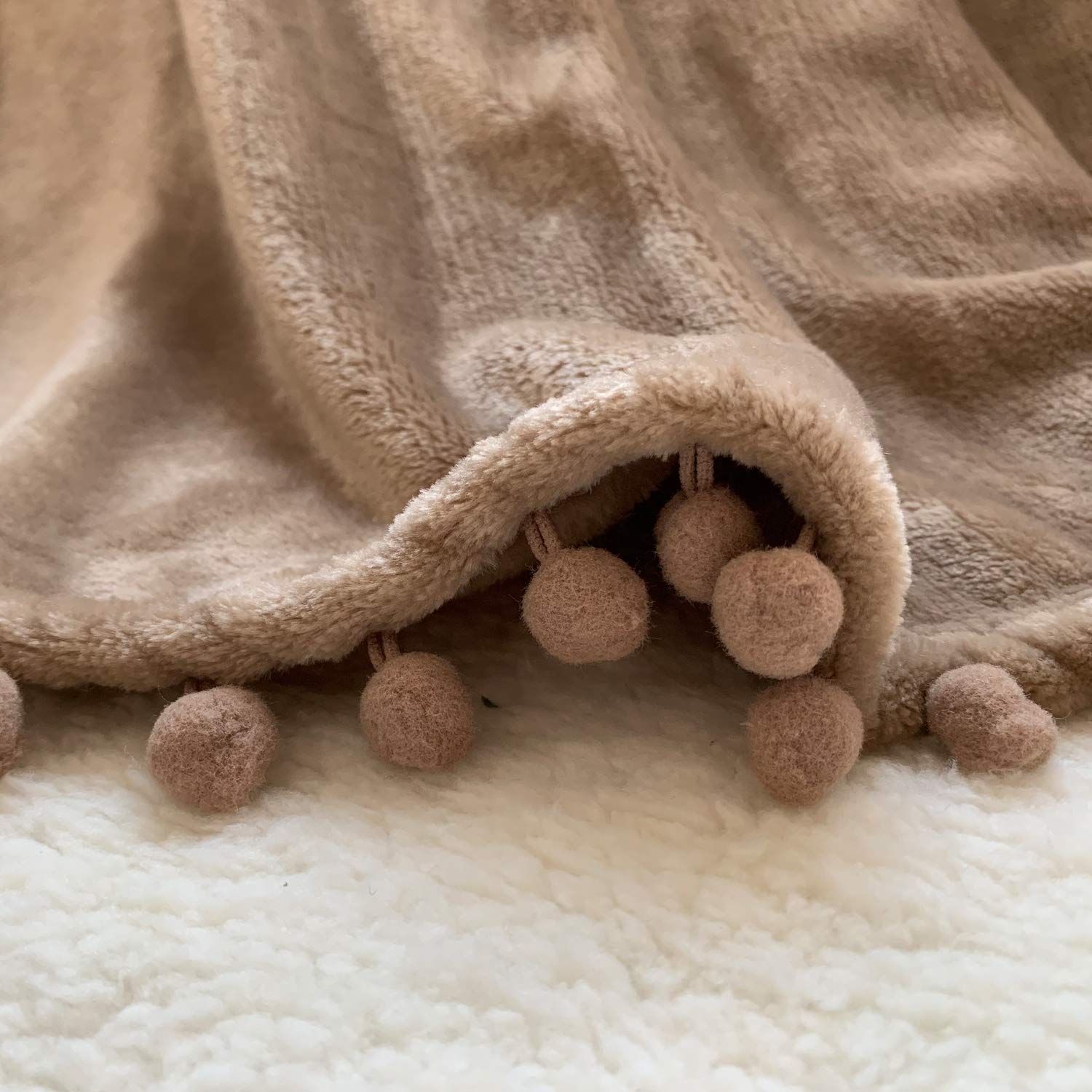 LOMAO Soft Flannel Blanket with Pompom Fringe - Lightweight & Cozy Throw Blanket for Bed, Couch, Sofa - All-Season Warmth (Khaki, 60''x80'') - Perfect for Lounging, Netflix Nights & Guest Bedrooms