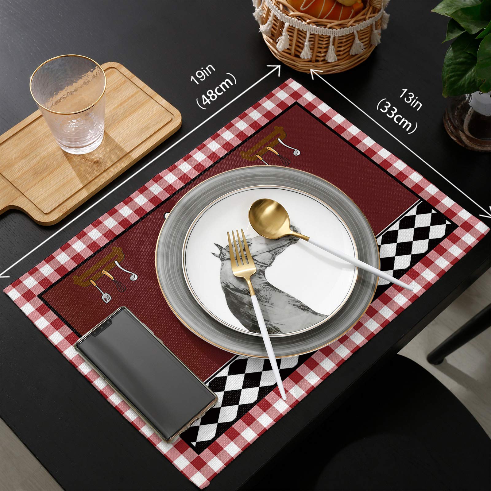 6-Pack Round Non-Slip Heat Resistant Washable Kitchen Table Placemats - Cartoon Chef Buffalo Plaid Design for Dining Room, Perfect for Family Meals, Kids Parties & Holiday Gatherings