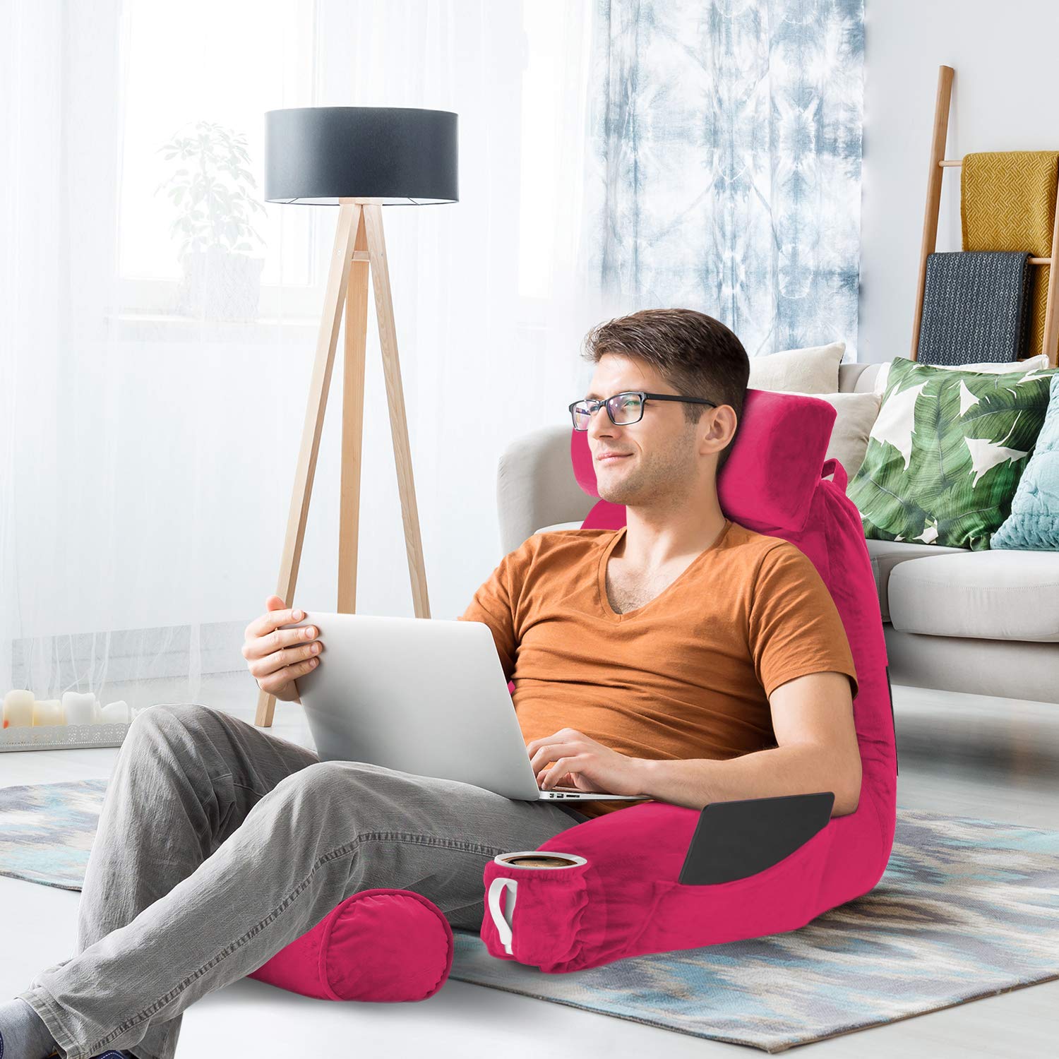 Nestl Large Reading Pillow for Bed - Shredded Memory Foam Back Support Pillow with Pockets - Perfect for Reading, Watching TV, or Relaxing in Bed - Hot Pink Bed Chair Arm Pillow for Adults & Kids