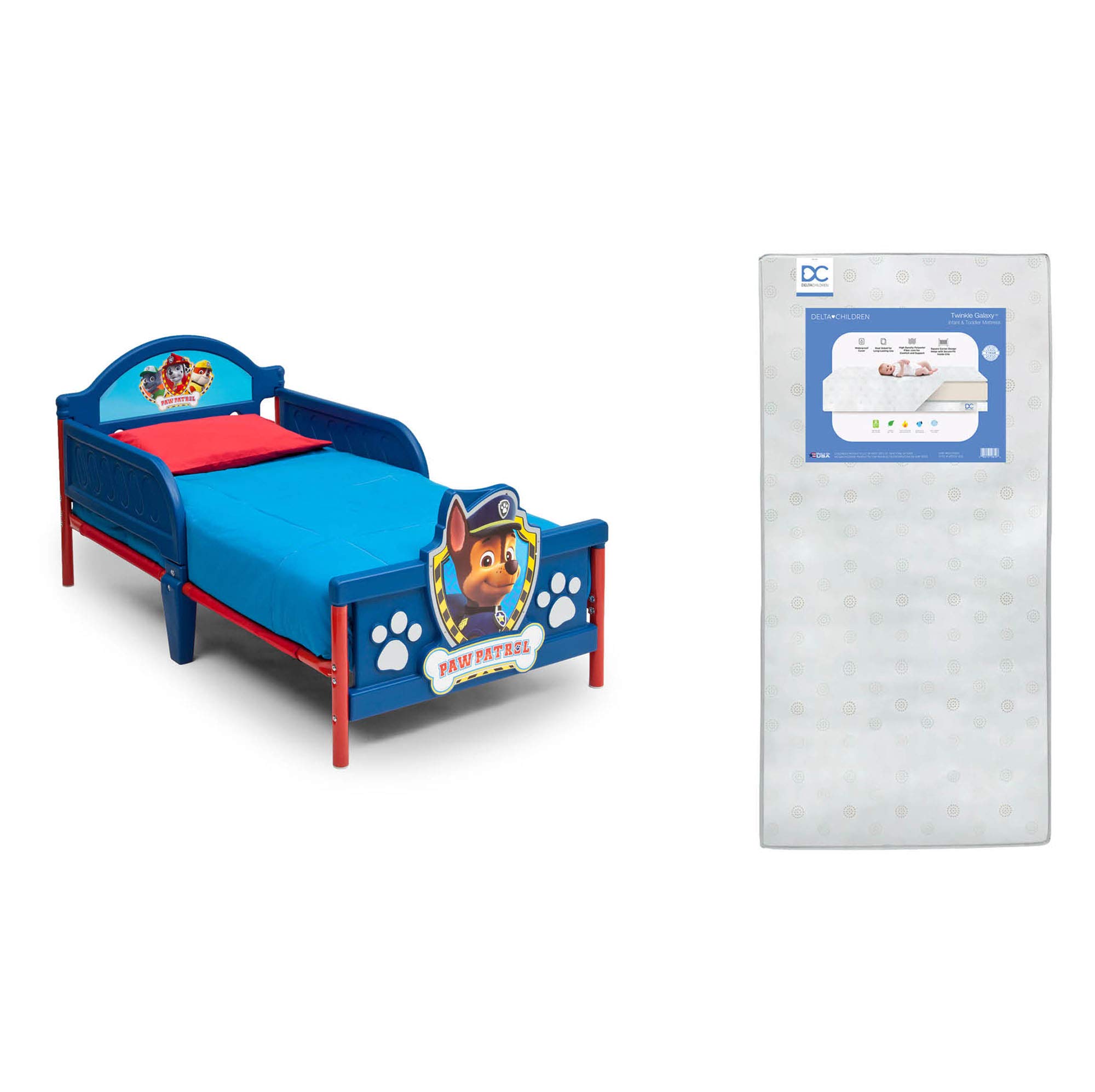 Delta Children 3D-Footboard Toddler Bed with PAW Patrol Theme & Twinkle Galaxy Dual-Sided Crib Mattress - Toddler Sleep Solution for Daycare, Nursery & Kids' Bedroom - Eco-Friendly Recycled Fiber Core Bundle