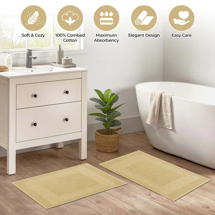 Premium Cotton 2-Piece Greek Key Border Bath Mat Set - Ultra Absorbent, Non-Slip Bathroom Rug - Perfect for Modern Bathrooms, Master Suites & Spa-Like Retreats