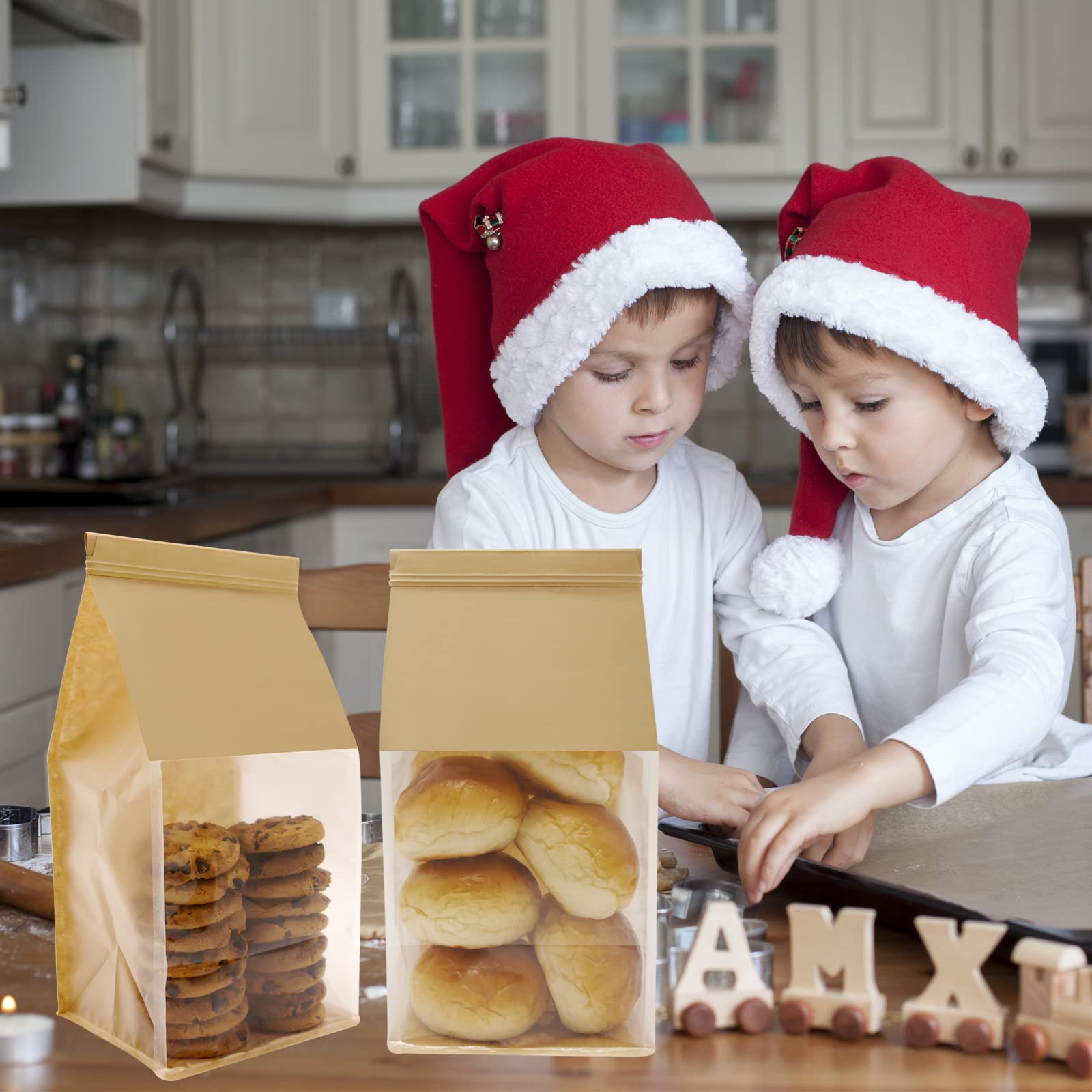 25Pcs Bakery Bags with Window - 5.1x4.3x11 Inches Brown Kraft Paper Cookie Bags with Tin Tie Tab Lock - Resealable Treat Bags for Cookies, Candy, Popcorn, Coffee - Perfect for Home Baking, Party Favors & Gift Packaging
