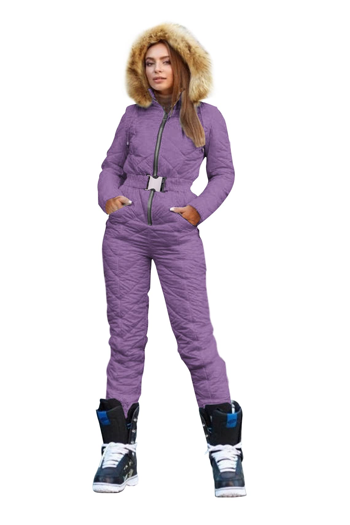 Yousify Women's Winter Ski Suit - One Piece Hooded Snowsuit with Fur Collar for Skiing, Snowboarding & Outdoor Sports | Waterproof & Warm Winter Coat for Cold Weather Adventures