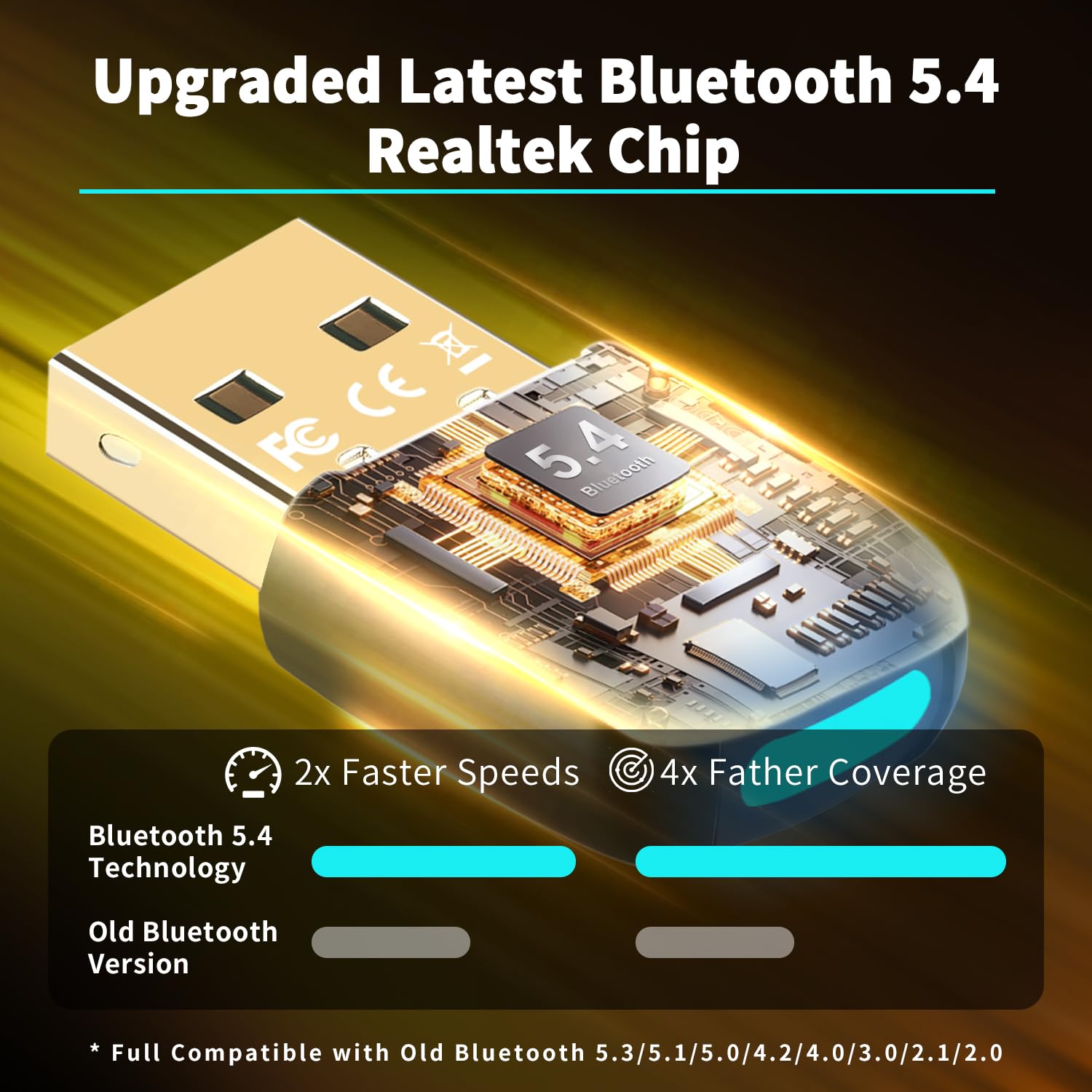 Bluetooth 5.4 USB Adapter for PC & Laptop - Wireless Dongle with 20M Range, Plug & Play for Windows 11/10/8.1/7 - Compatible with Headphones, Speakers, Keyboard & Mouse - Perfect for Home Office, Gaming & Video Conferencing