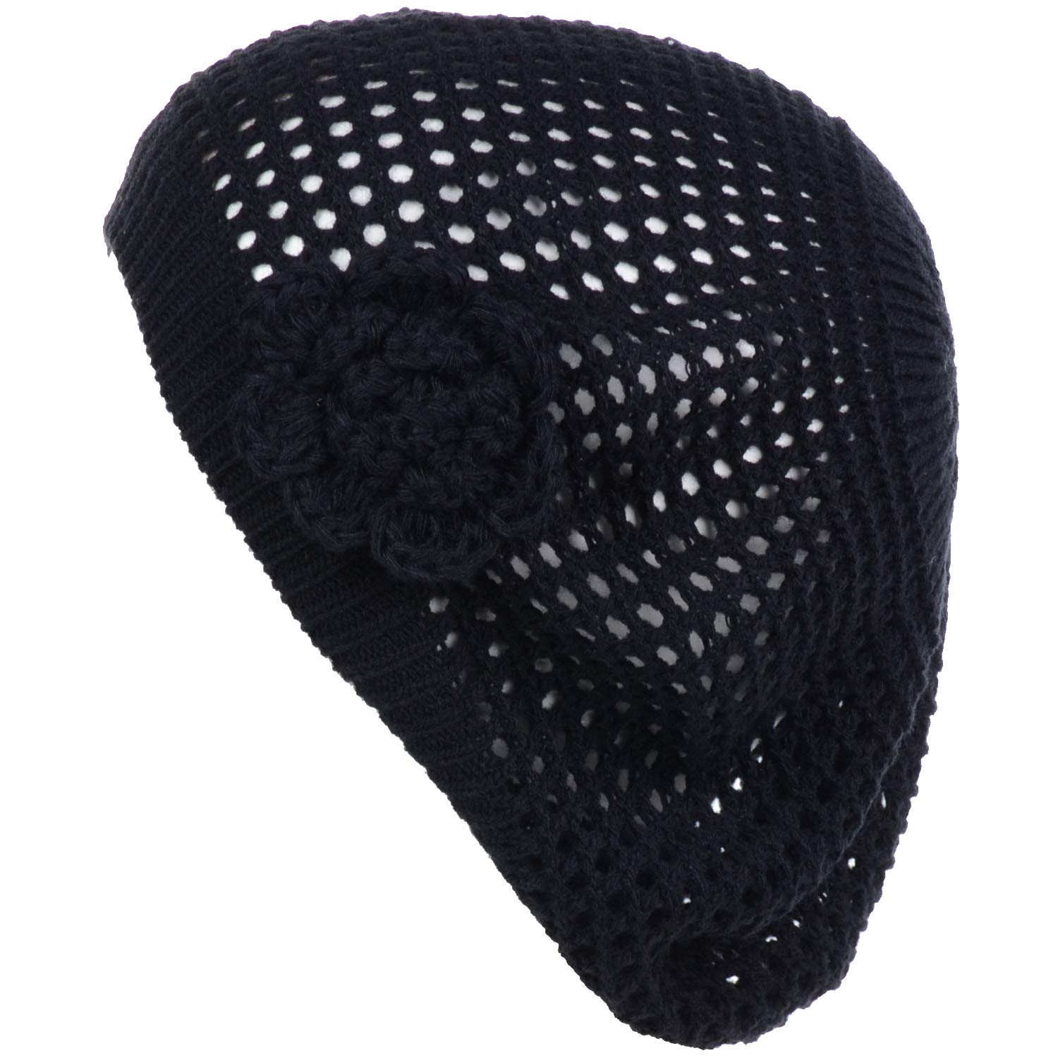 BYOS Women's Chic Cutout Open Net Knit Lightweight Slouchy Crochet Beret Hat - Stylish Winter Fashion Accessory for Casual Outfits & Holiday Parties