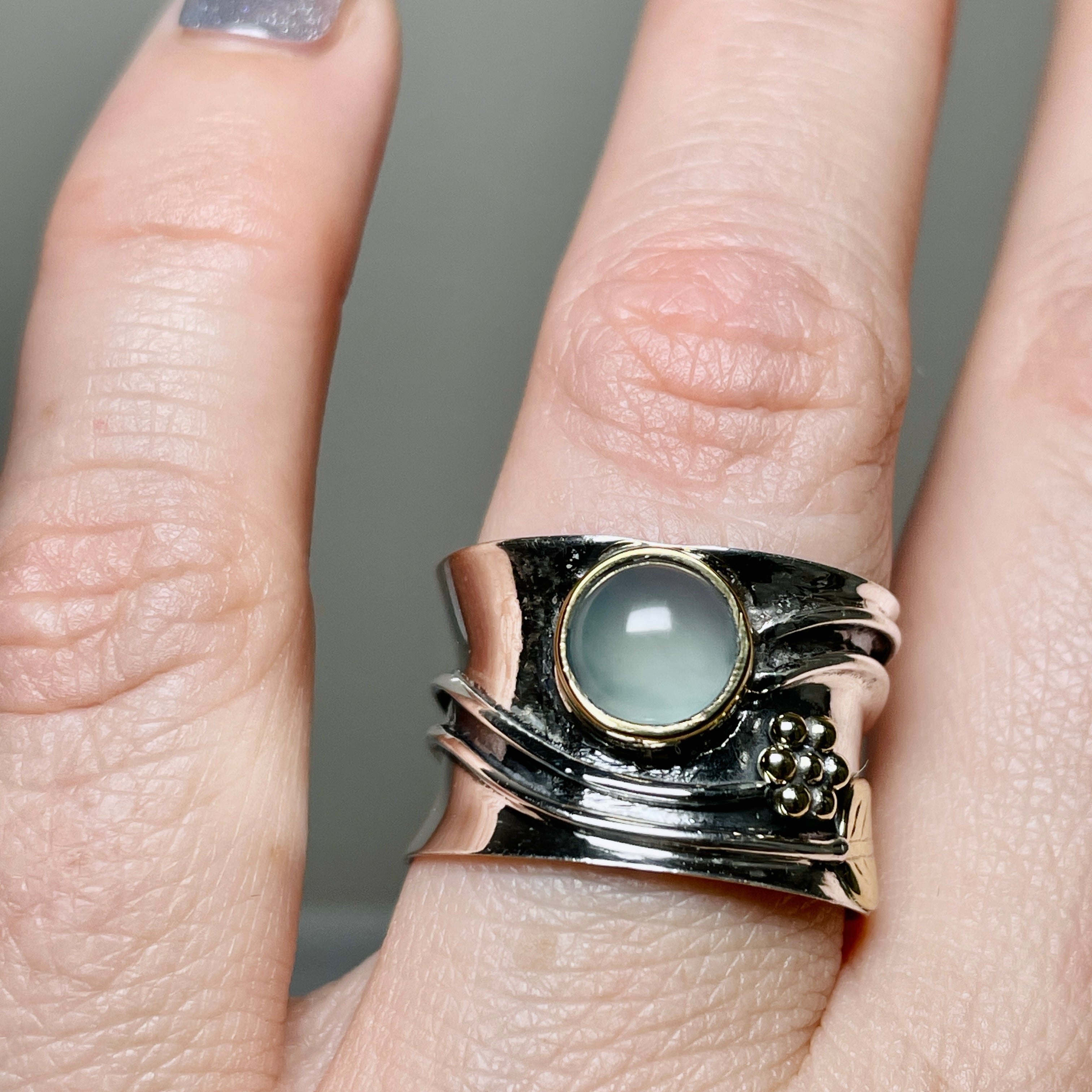 Blue Chalcedony Round Cabochon Ring - Sterling Silver Decorative Setting R4198 | Elegant Jewelry for Women, Perfect for Weddings & Special Occasions