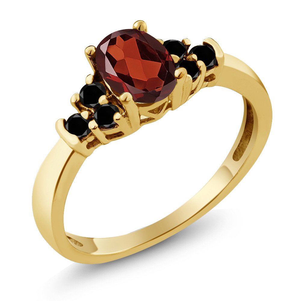 0.75 Ct Oval Red Garnet & Black Diamond 925 Sterling Silver Ring - Yellow Gold Plated, Elegant Jewelry for Women, Perfect Gift for Anniversary, Birthday & Valentine's Day