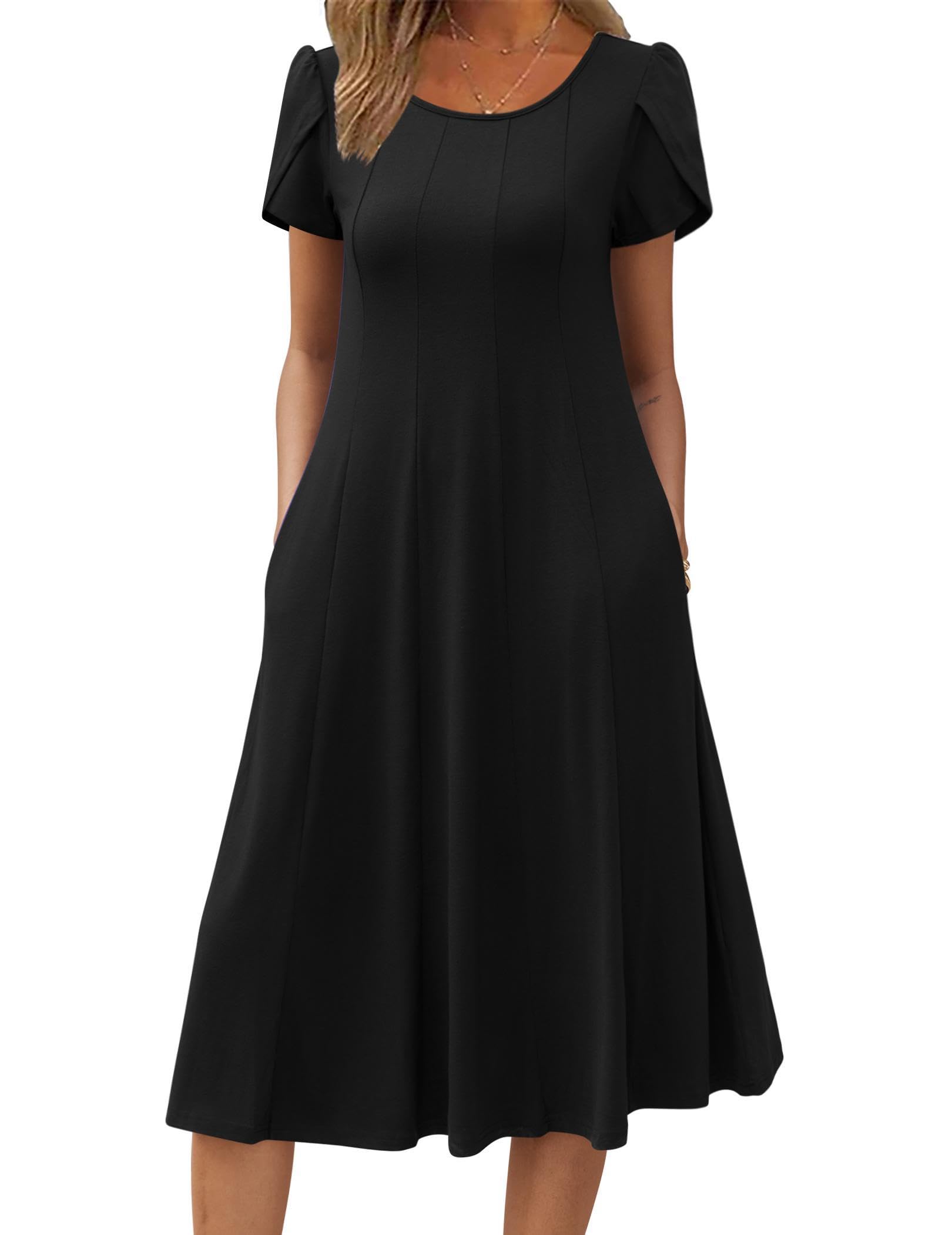 Zeagoo Women's Summer Casual Short Sleeve Pleated Flowy Midi Dress - Loose Beach Sundress with Pockets for Vacation, Travel, and Outdoor Activities