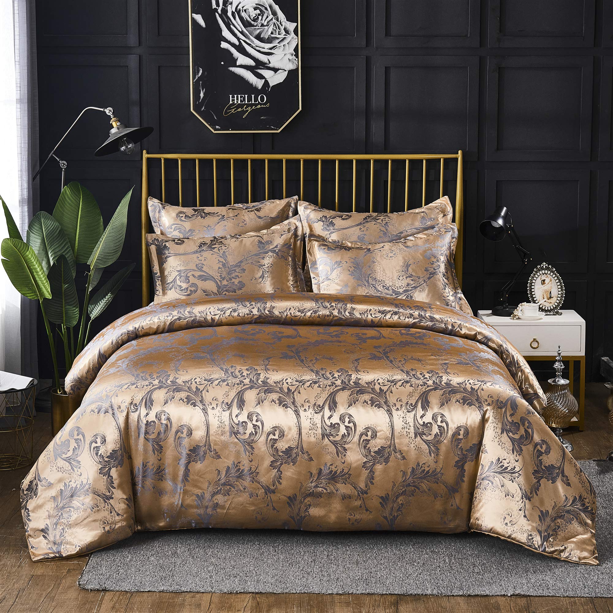 Vintage Floral Jacquard Duvet Cover Set Queen Size - 1 Duvet Cover + 2 Pillow Shams, Luxury Bedding for Master Bedroom & Guest Room Decor
