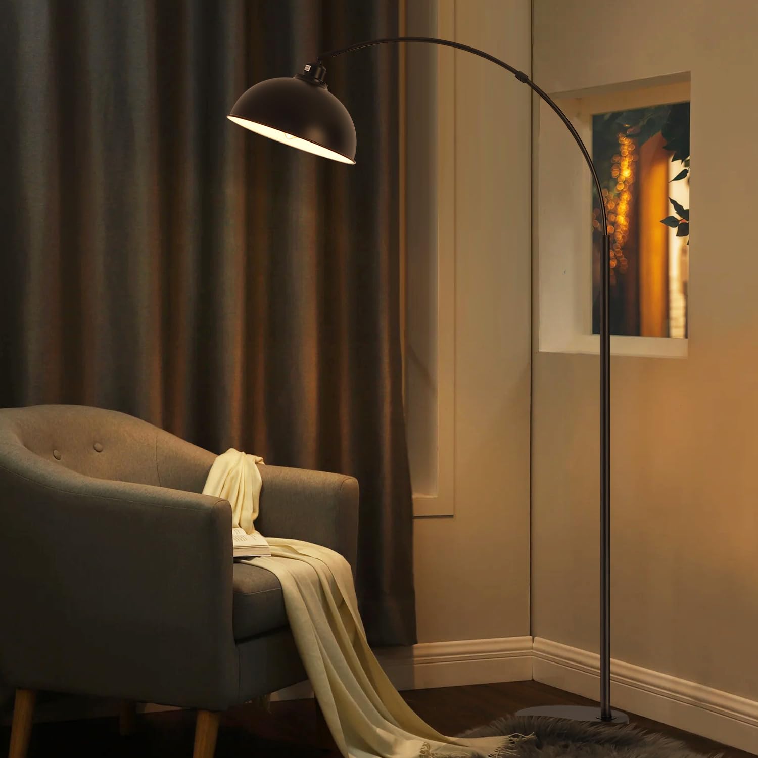 9MMML Arc Floor Lamp - Modern Farmhouse Industrial Standing Light with 360° Rotatable Arm & Metal Shade, Black Tall Lamp for Living Room, Bedroom, Office & Sofa Areas (Bulb Included) - Perfect for Reading, Working & Ambient Lighting