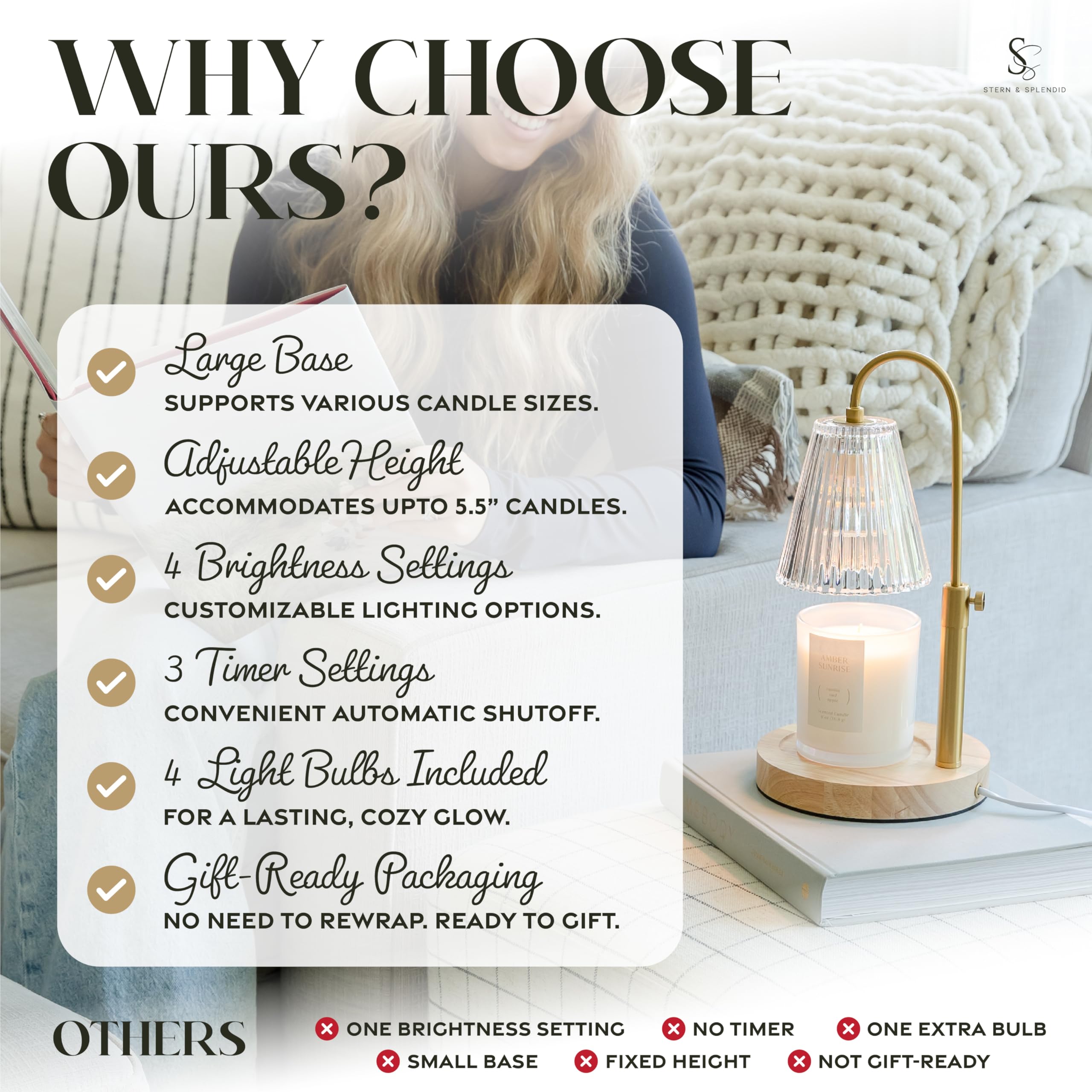 Wooden Candle Warmer Lamp with Large Round Base & Adjustable Height - Dimmable Electric Candle Warmer with Timer for Jar Candles - 4 Halogen Bulbs Included - Perfect for Home, Office, and Spa Relaxation