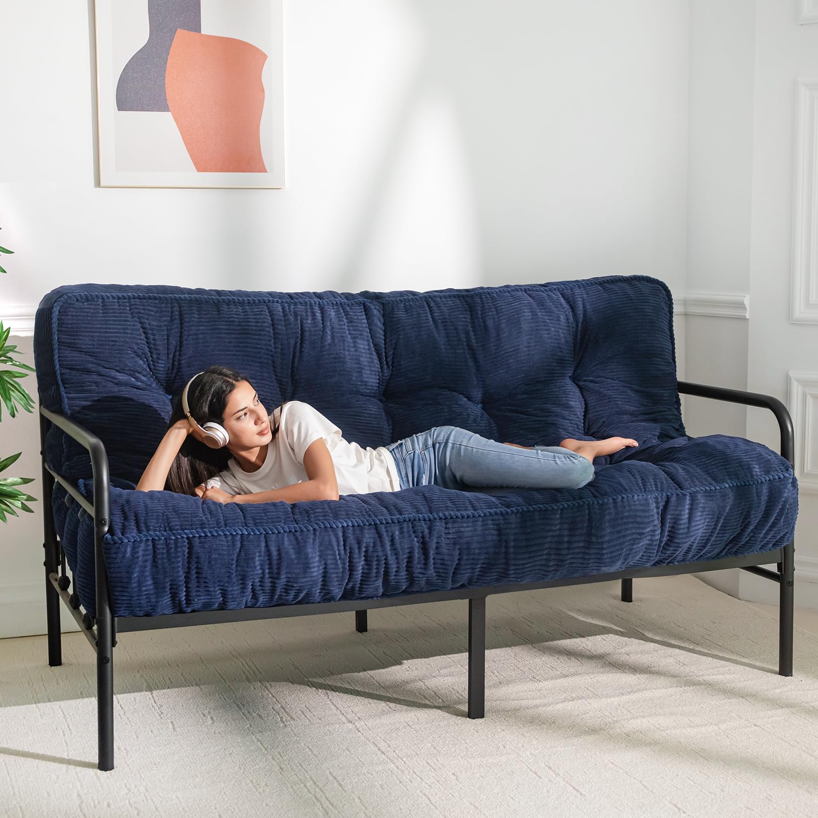 MAXYOYO 8-Inch Tufted Futon Sofa Bed with Thick Corduroy Fabric - Convertible Floor Mattress for Adults (Navy Blue) - Perfect for Small Spaces, Guest Rooms & Dorm Rooms