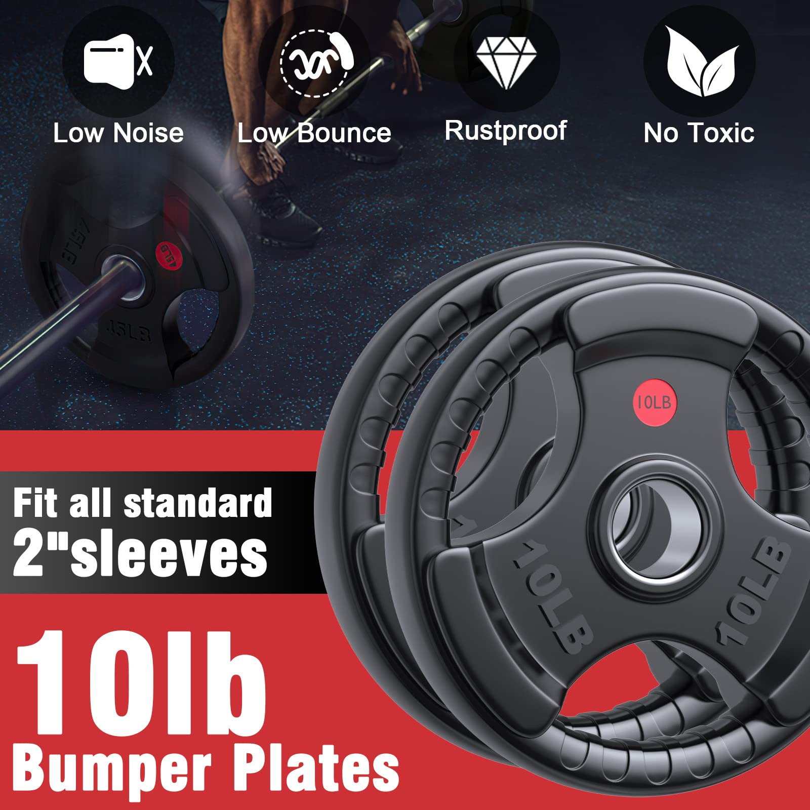 GIKPAL Olympic Rubber Grip Weight Plates Set - 2-Inch Hole Solid Cast Iron Core for Home Gym Strength Training (10lb-45lb) | Perfect for Weightlifting, CrossFit & Powerlifting Workouts