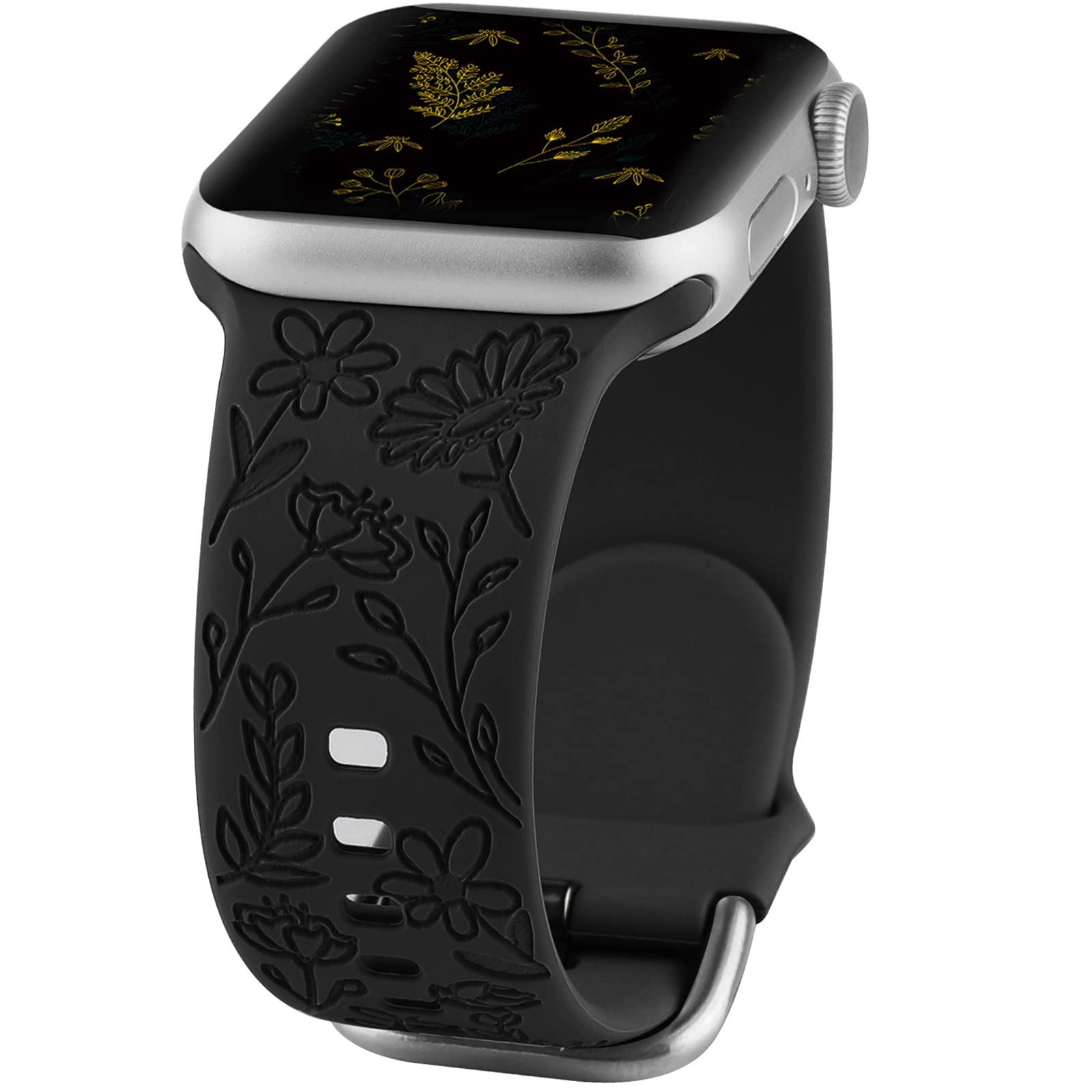 Floral Engraved Soft Silicone Sport Band for Apple Watch 38mm 40mm 41mm - Women's Flower Pattern Replacement Strap Compatible with iWatch Series 8/7/6/5/4/3/2/1/SE - Perfect for Workouts, Running & Everyday Fashion Accessory