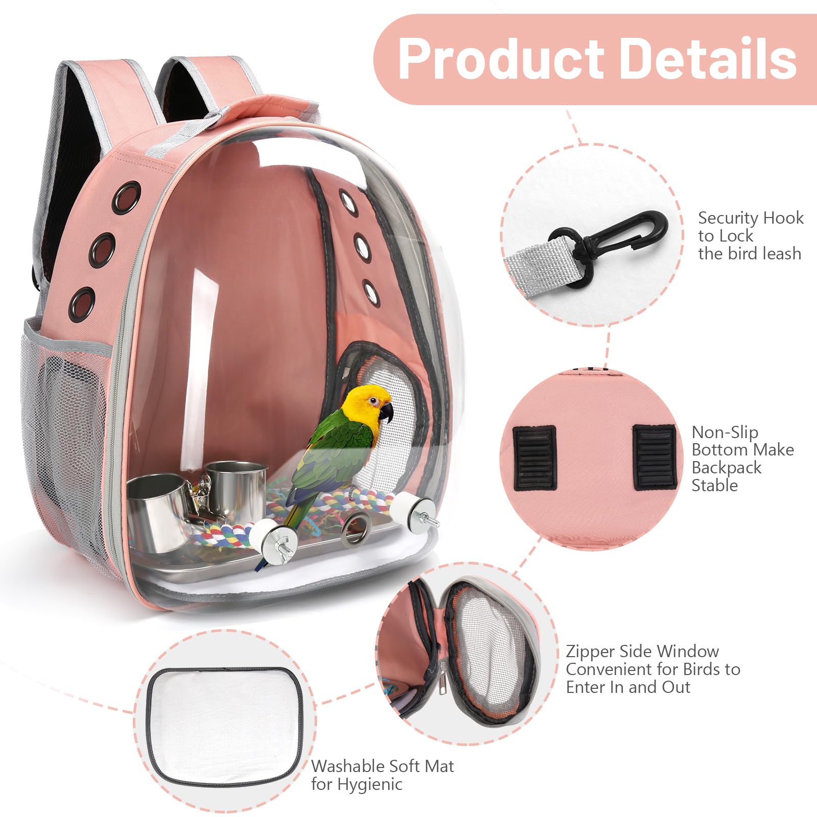 **Bird Travel Backpack Carrier for Small & Medium Birds – Clear Bubble Window, Stainless Steel Tray, Food Bowl & Perch – Perfect for Parakeets, Budgies & Cockatiels – Ideal for Travel, Vet Visits & Outdoor Adventures (Pink)**