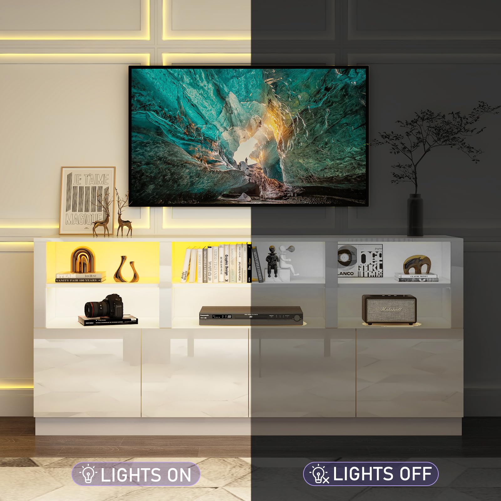 Modern White TV Stand for 65/75/80/85 Inch TVs with RGB LED Lights - 32