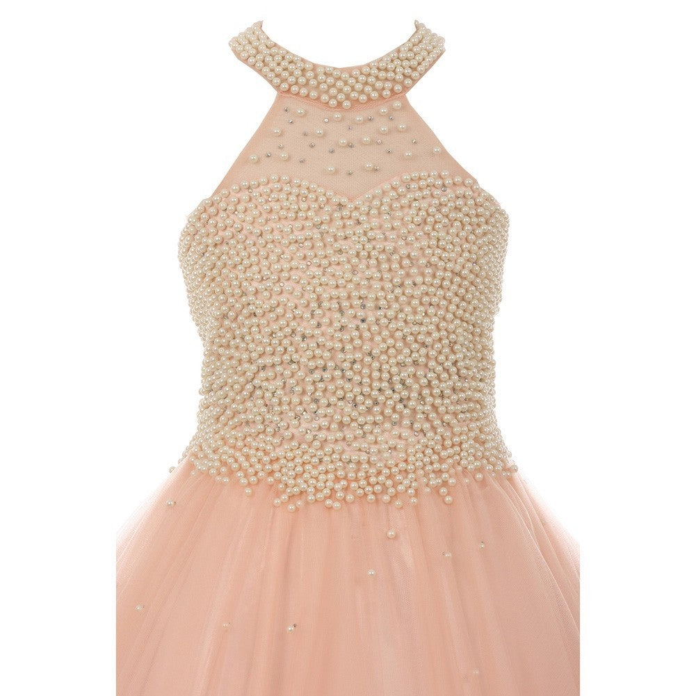 Sparkling Halter Neck Tulle Party Dress for Juniors - Big Girls Blush Bridesmaid Dress Size 8-16 | Perfect for Weddings, Prom, Quinceañera & Special Occasions
