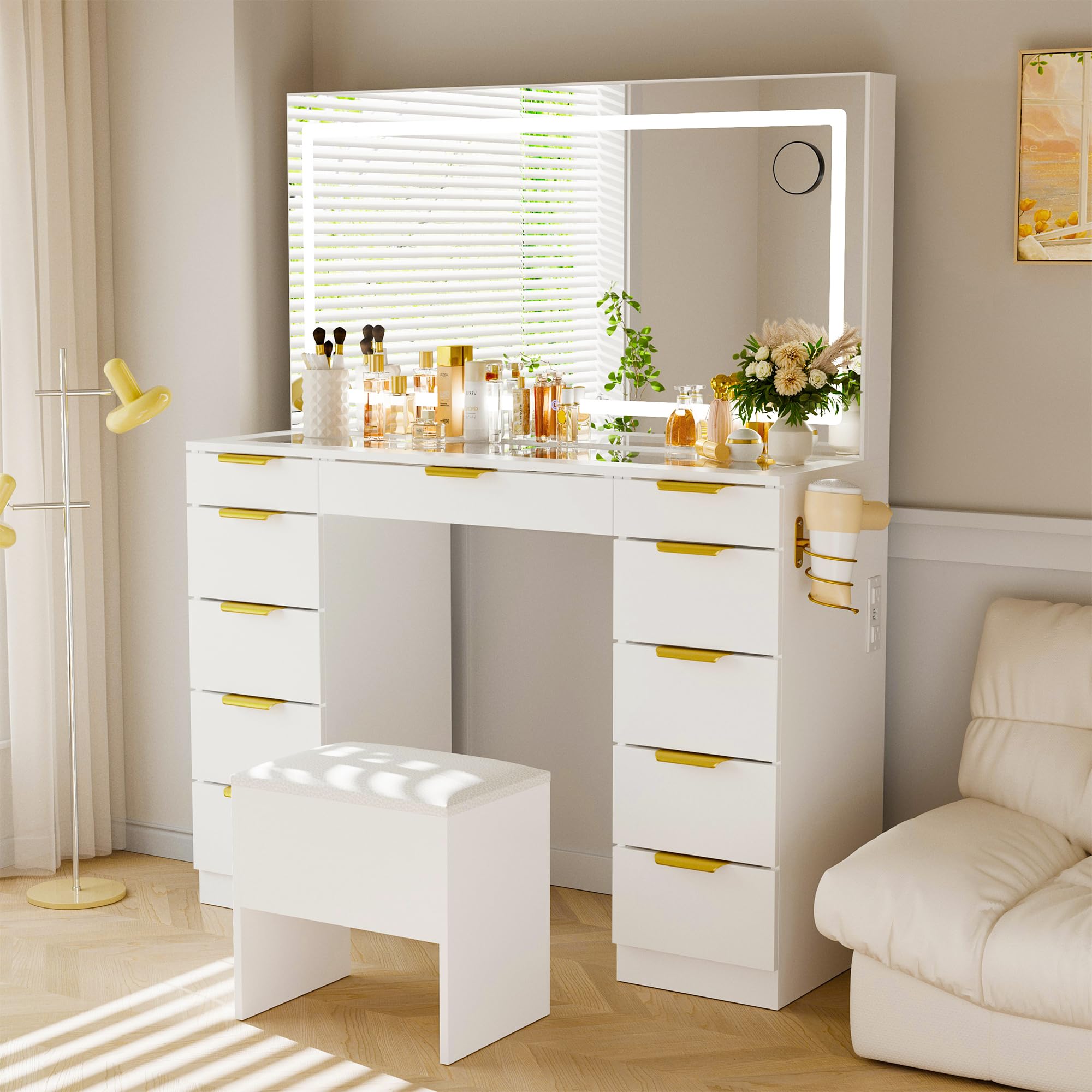 Pamapic 11-Drawer Vanity Desk with Golden Handles - Upgraded Silent Slides, LED Mirror with 3 Lighting Modes, Glass Top Makeup Vanity Set with Chair & Portable Mirror, USB Charging Station - Perfect for Bedroom, Dressing Room & Home Beauty Salon