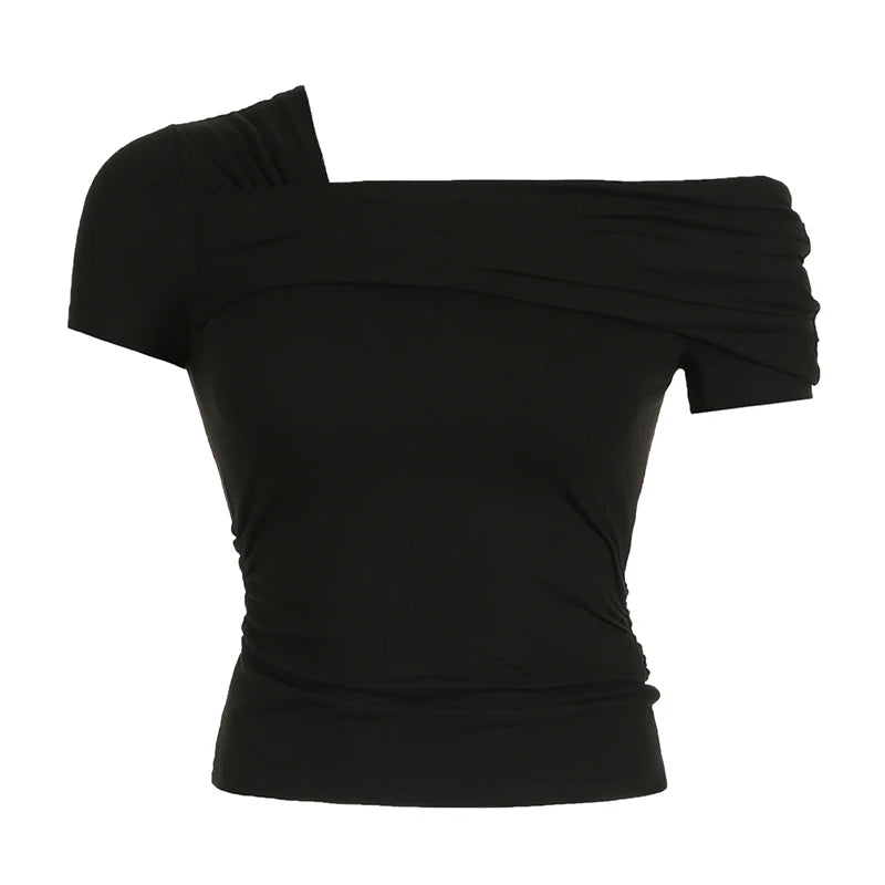 Women's Asymmetrical Fitness Crop Top - Solid Color Summer T-Shirt with Sexy Fold Design & Short Sleeves | Gym Wear, Yoga, Casual Outfits, Street Style