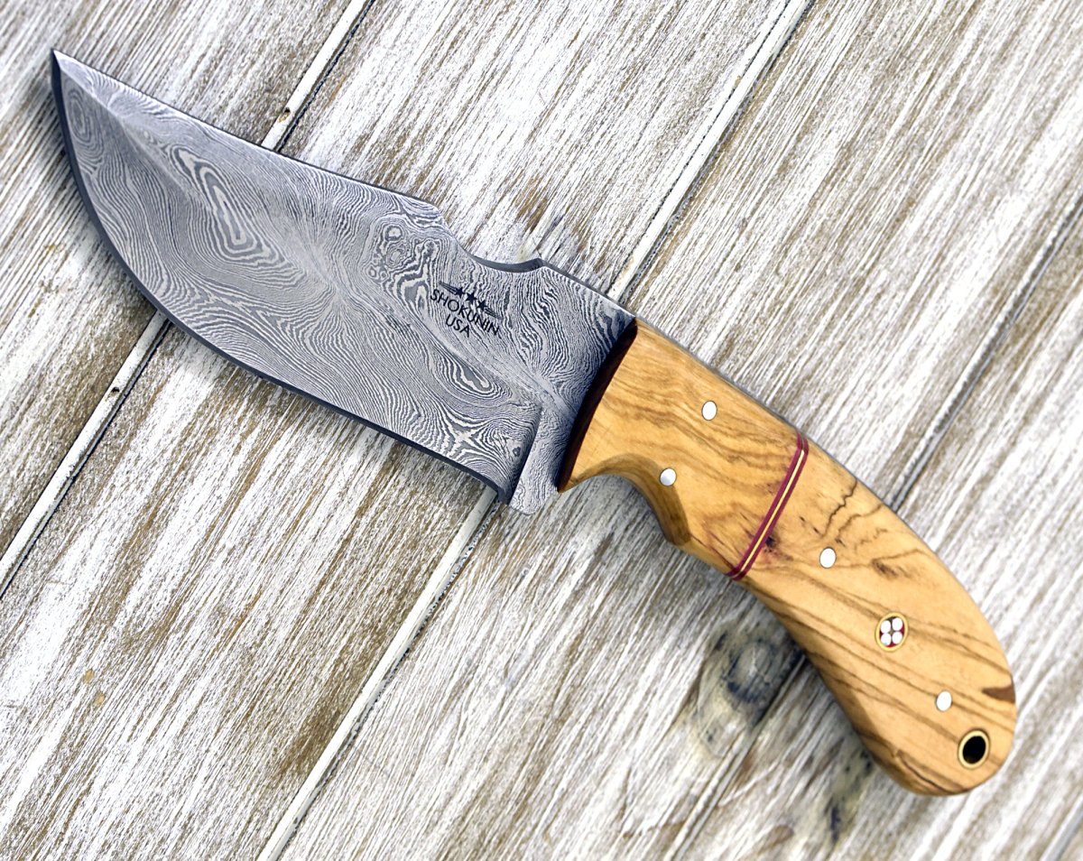 Puma Damascus Steel Hunting Knife with Olive Wood Handle & Leather Sheath - Outdoor Survival, Camping, Hunting Gear for Adventurers
