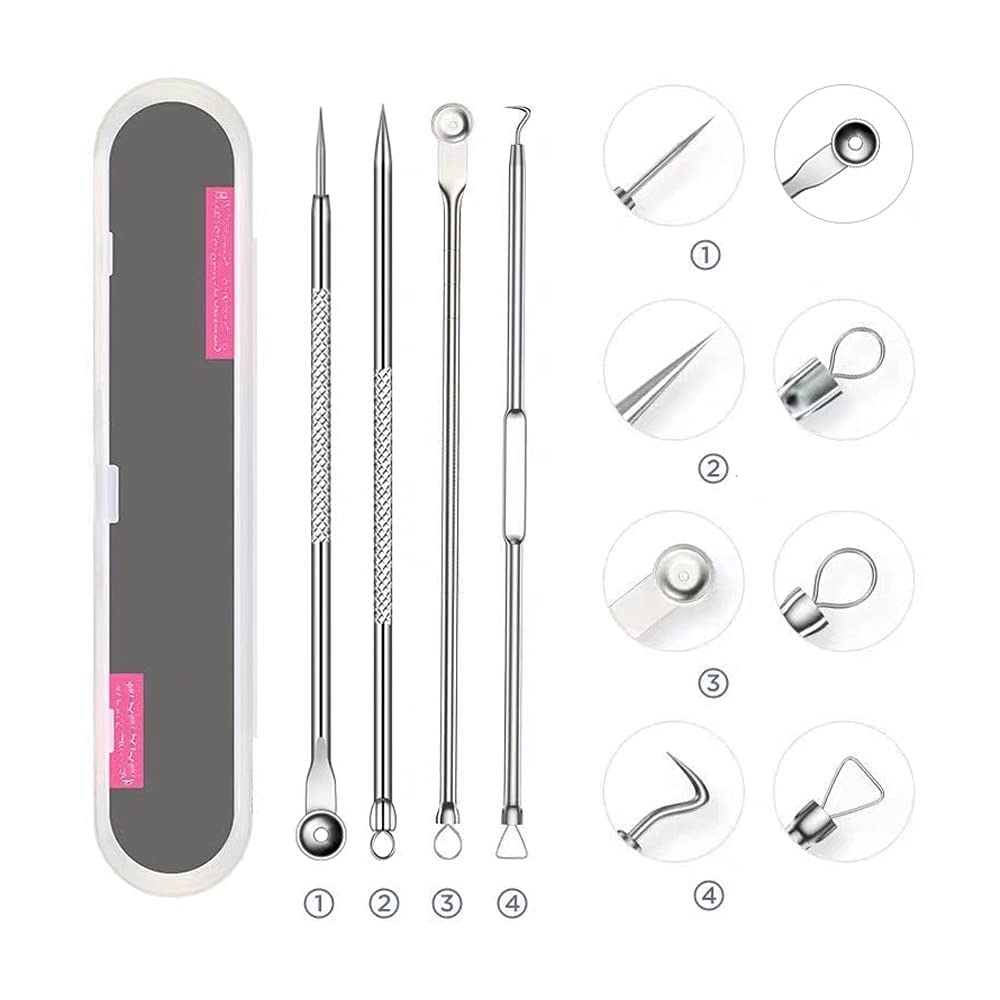 4-Piece Stainless Steel Blackhead Remover Kit - Pimple Popper, Comedone Extractor & Whitehead Removal Tools for Nose & Face | Acne Treatment & Skincare Routine
