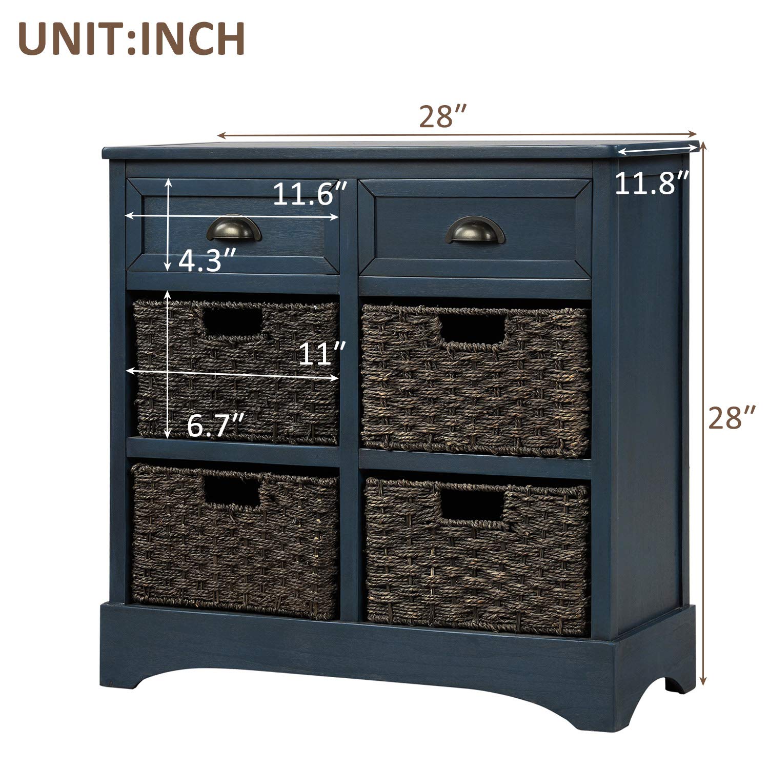 Modern Navy Blue Wood Storage Chest with 2 Drawers & 4 Baskets - Entryway Cabinet, Side Table for Living Room, Dining Room, Hallway Organizer