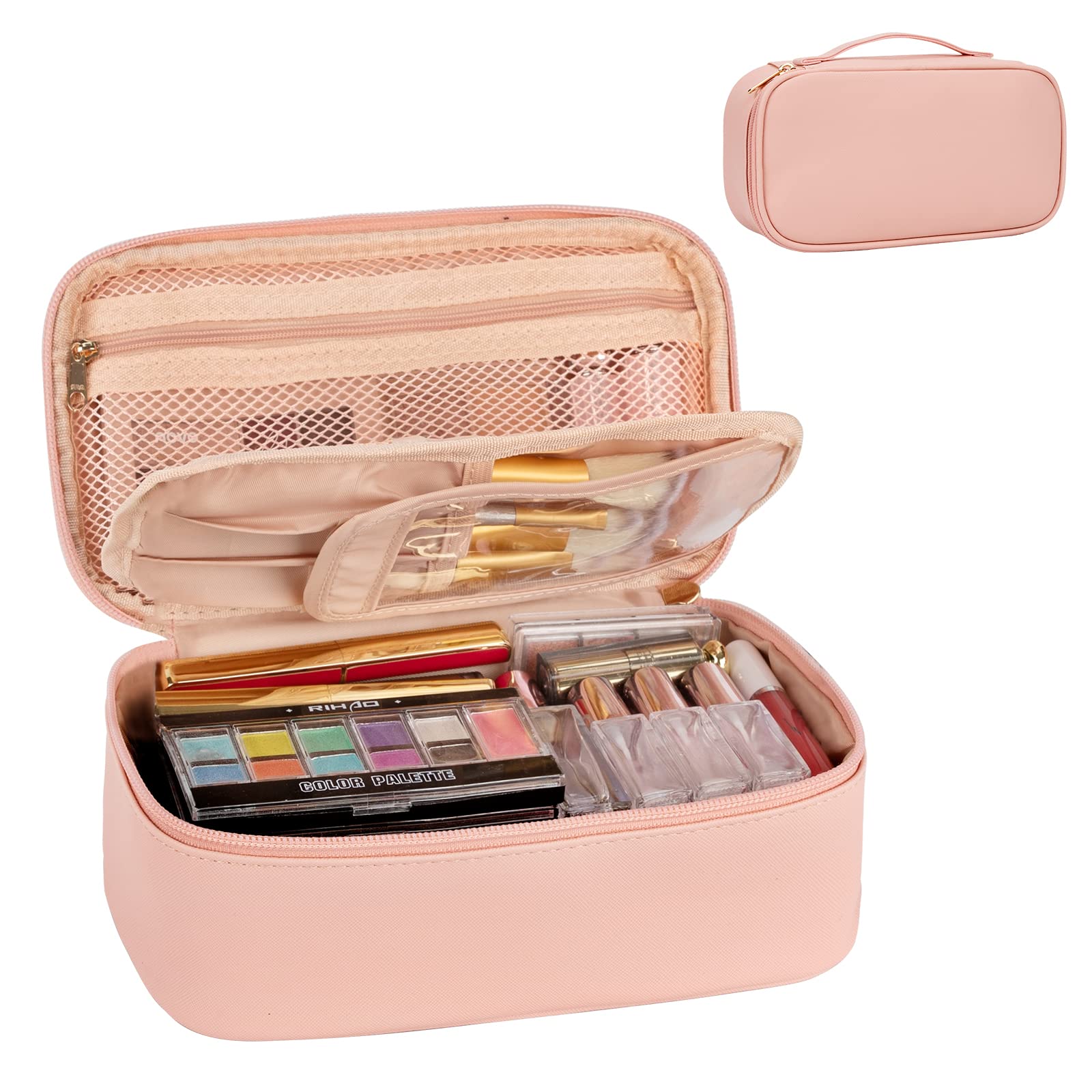 OCHEAL Small Pink Cosmetic Bag for Women & Girls - Portable Travel Makeup Pouch with Brush Organizer | Perfect for Travel, Gym & Daily Essentials Storage