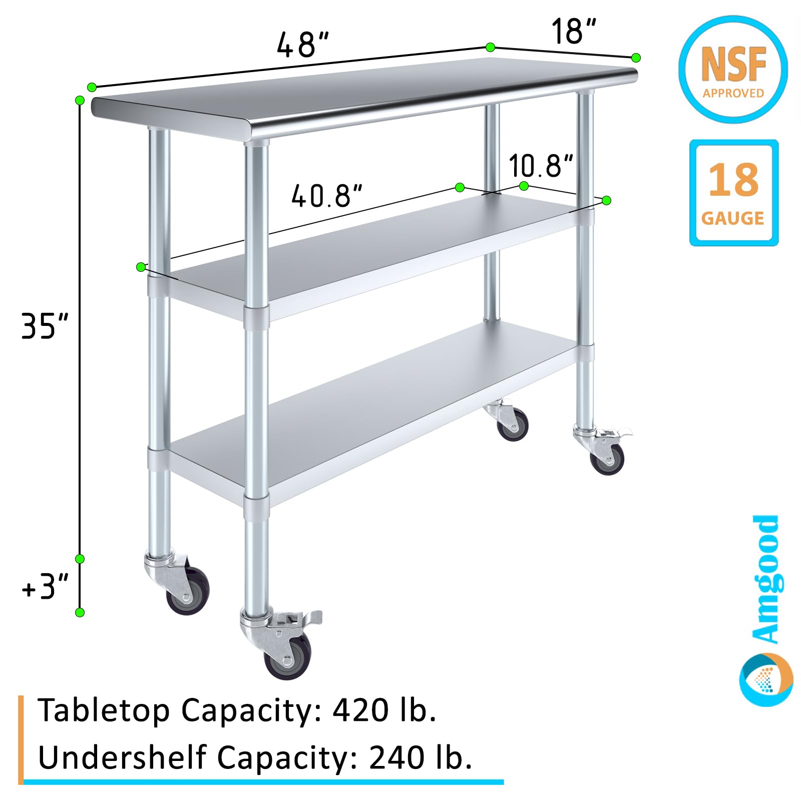 AmGood Stainless Steel Work Table with 2 Adjustable Shelves & Locking Casters | Heavy Duty Metal Utility Table on Wheels (48