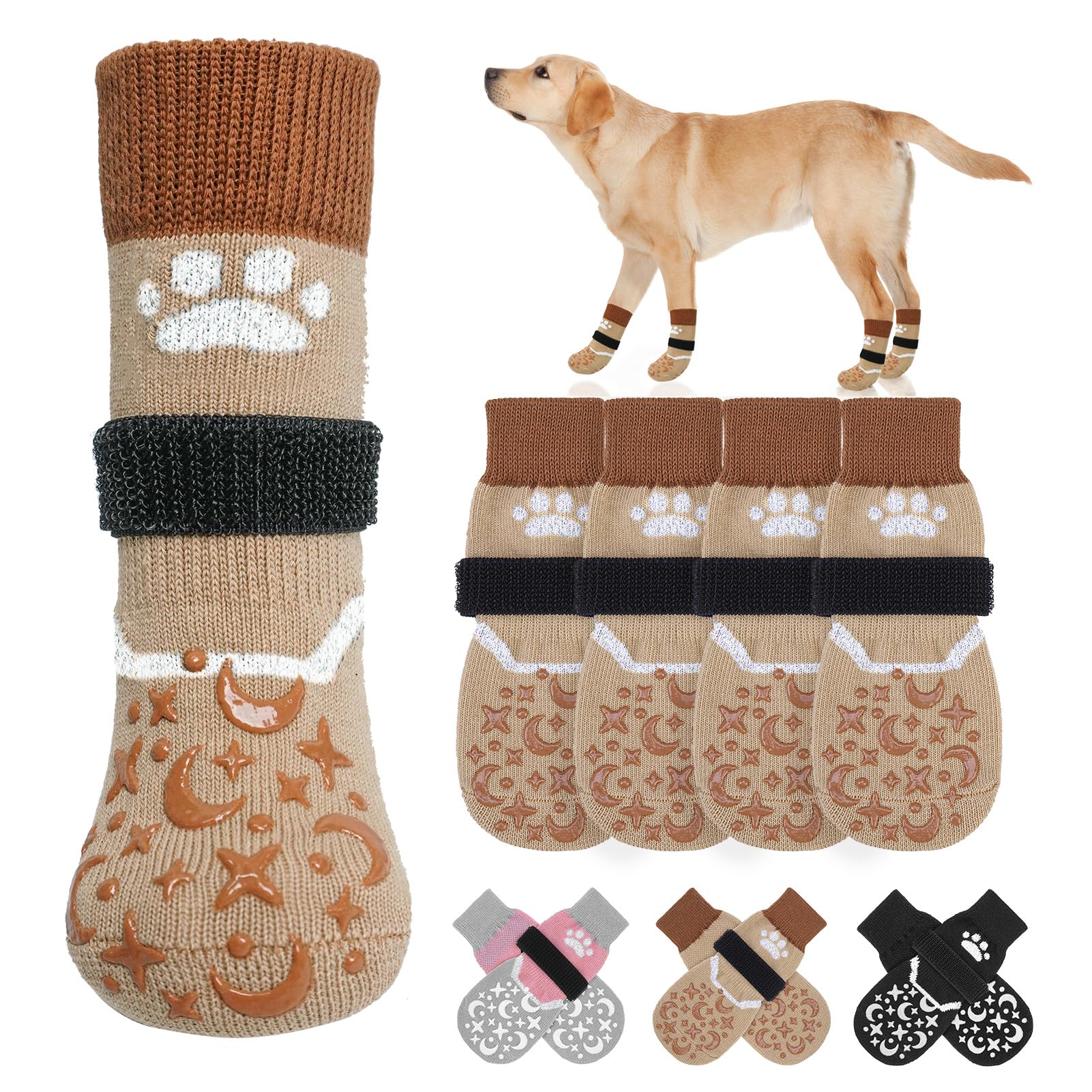 BEAUTYZOO Anti-Slip Dog Socks for Small Dogs - Winter Reflective Paw Protectors for Hardwood Floors, Senior Dogs & Cold Weather - Non-Licking Pet Booties (Khaki) - Perfect for Indoor Use, Outdoor Walks & Snowy Conditions