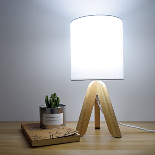Minimalist White Fabric Lamp Shade with Wooden Base - Classic Bedside Table Lamp with Dimmer Switch (Bulbs Not Included) | Perfect for Bedroom, Living Room & Office Decor | TD0300-DIM