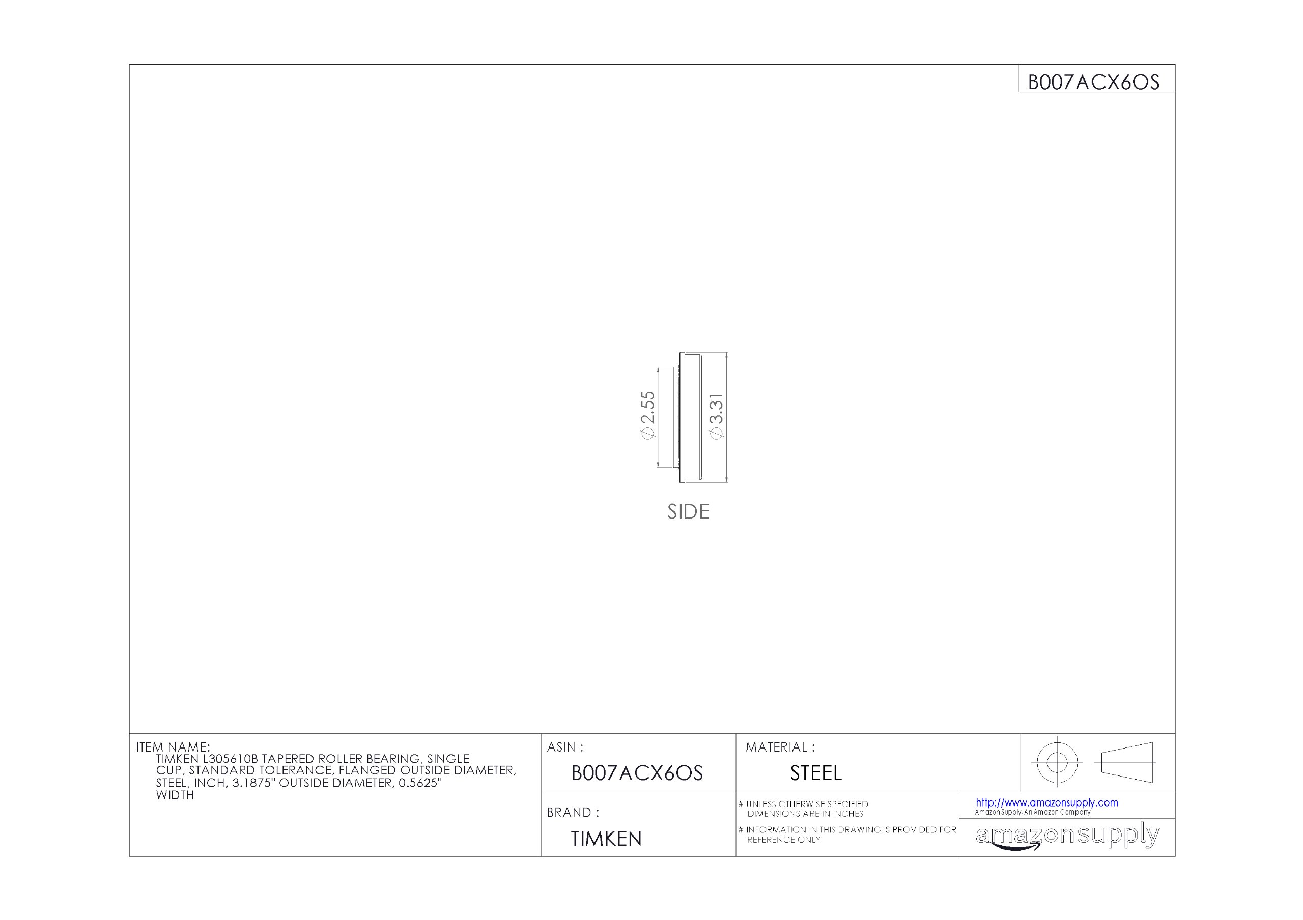 Timken L305610B Flanged Tapered Roller Bearing - Single Cup, Steel Construction, 3.1875