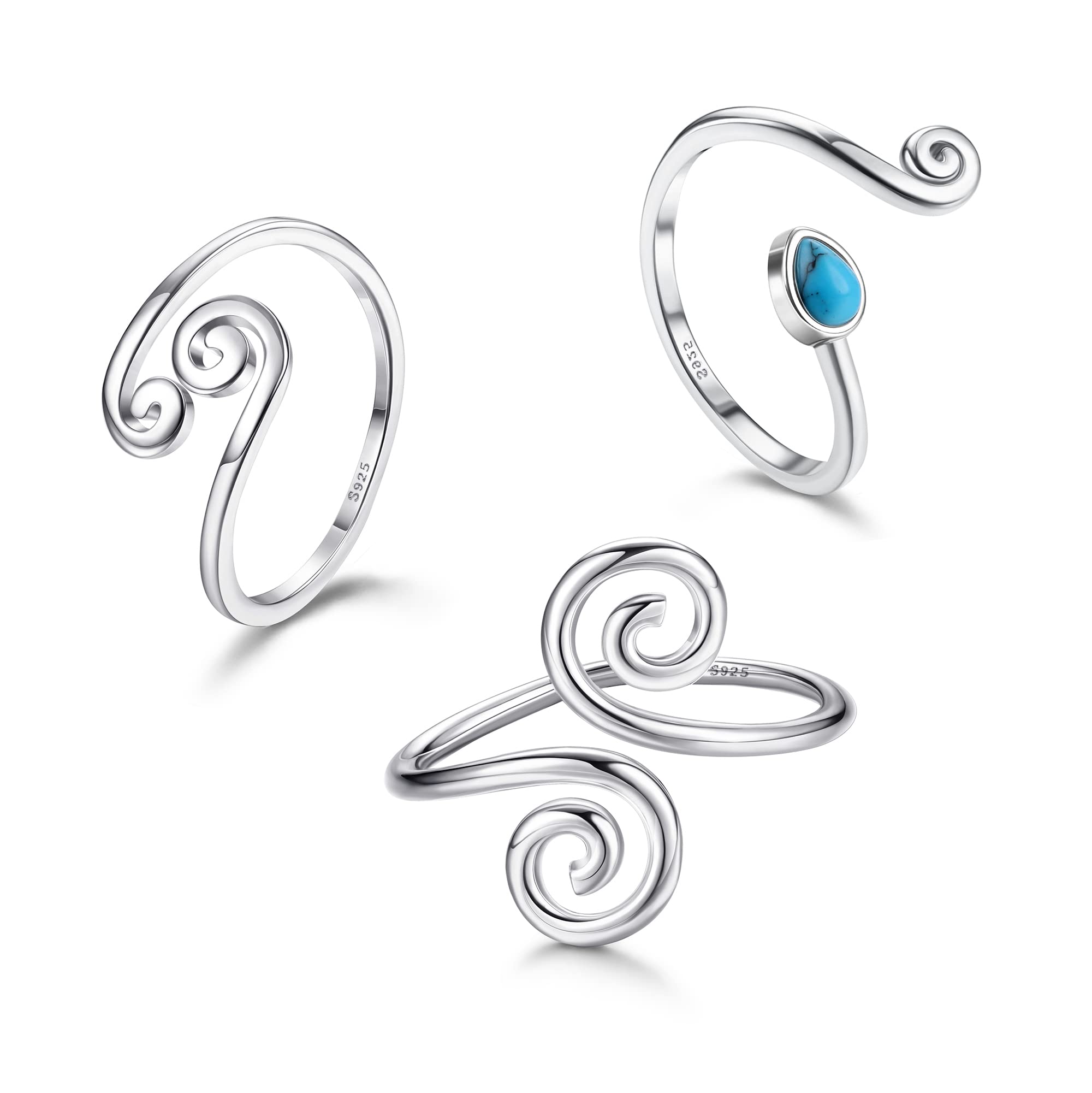 JOERICA 3 Pcs 925 Sterling Silver Toe Rings for Women - Adjustable Open Toe Rings, Minimalist Celtic Turquoise Band Foot Jewelry Set - Perfect for Beach, Summer, Boho Fashion & African Inspired Outfits