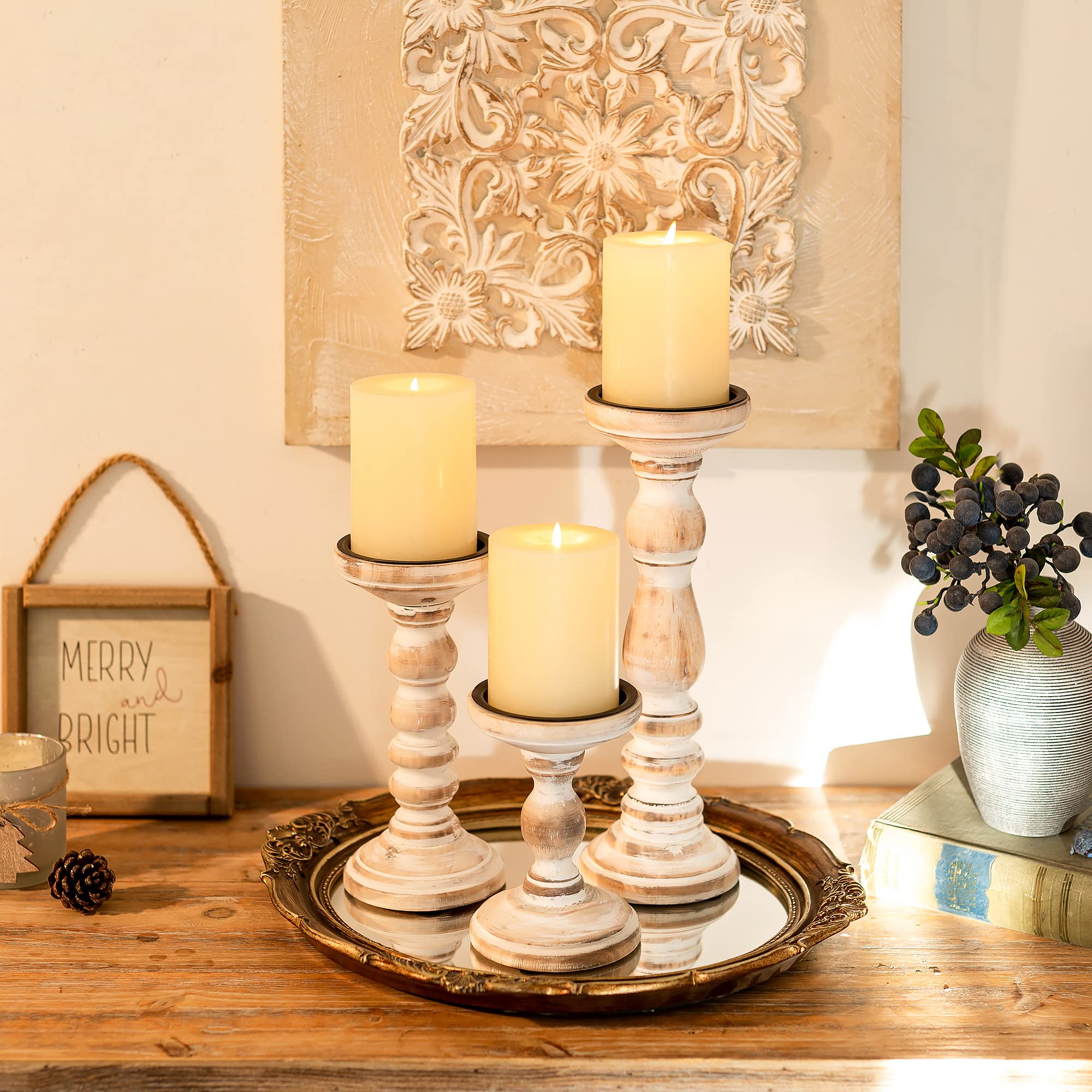 Rustic Wood Candle Holders Set of 3 - Tall Farmhouse Pillar Candle Stand for Table Centerpiece, Fireplace Mantel, Wedding Decor, and Home Decoration - White Natural Finish