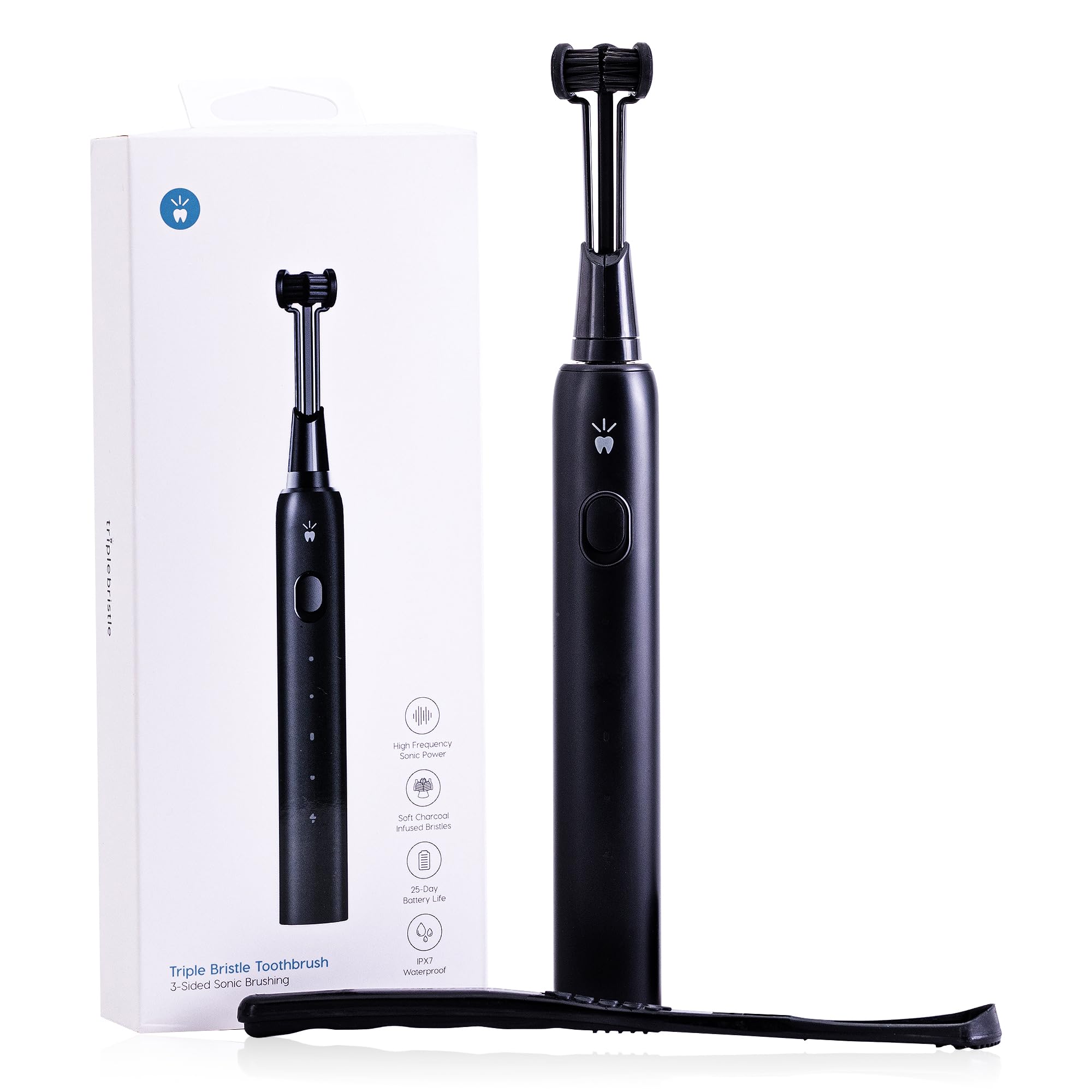 Triple Bristle Max Sonic Electric Toothbrush - 3 Sided Toothbrush with 4 Cleaning Modes | Dentist Recommended Triple Head Toothbrush with Soft Charcoal Bristles | Rechargeable & Waterproof for Travel | Perfect for Deep Cleaning, Whitening Teeth and Gum Care at Home or On-The-Go