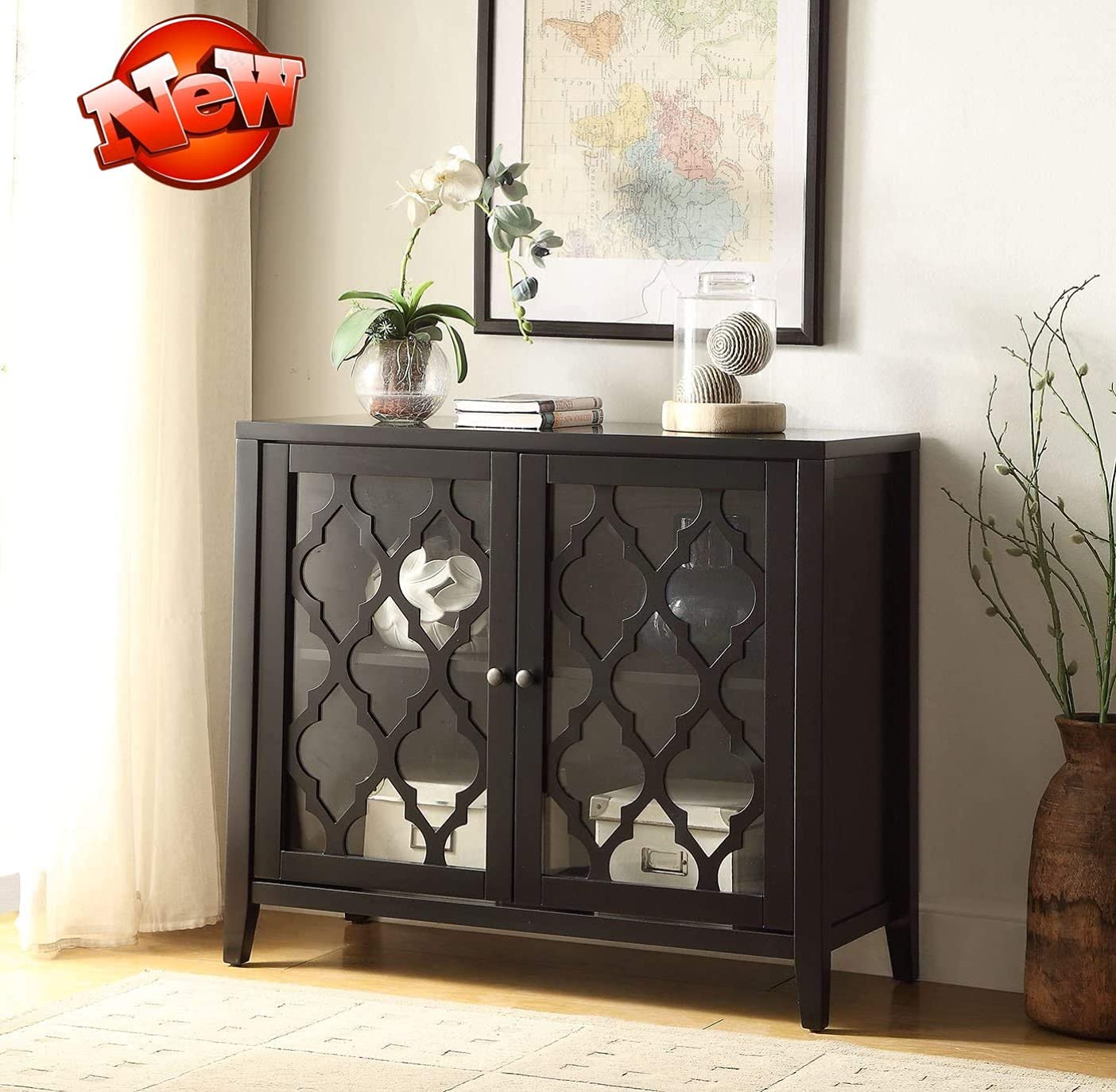 Aooppec ZMIHANNA Mid Century Modern Buffet Cabinet - Solid Wood Storage Sideboard with 2 Glass Doors & 1 Shelf for Living Room, Entryway, Dining Room - Black Accent Furniture for Home Decor