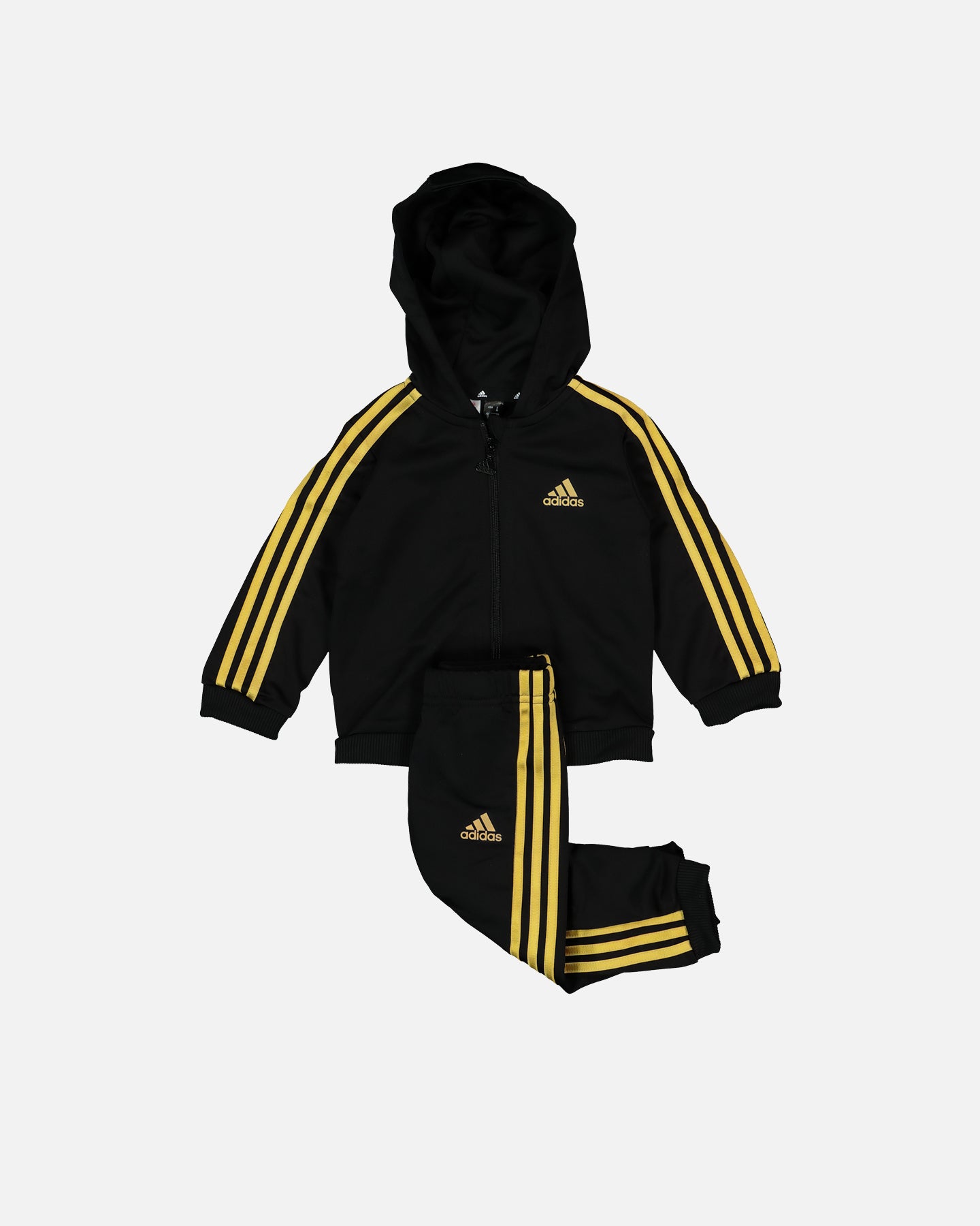 Adidas Infants' Essentials Shiny Hooded Track Suit - Black/Gold Baby Jogging Outfit for Boys & Girls | Perfect for Playdates, Daycare & Family Outings