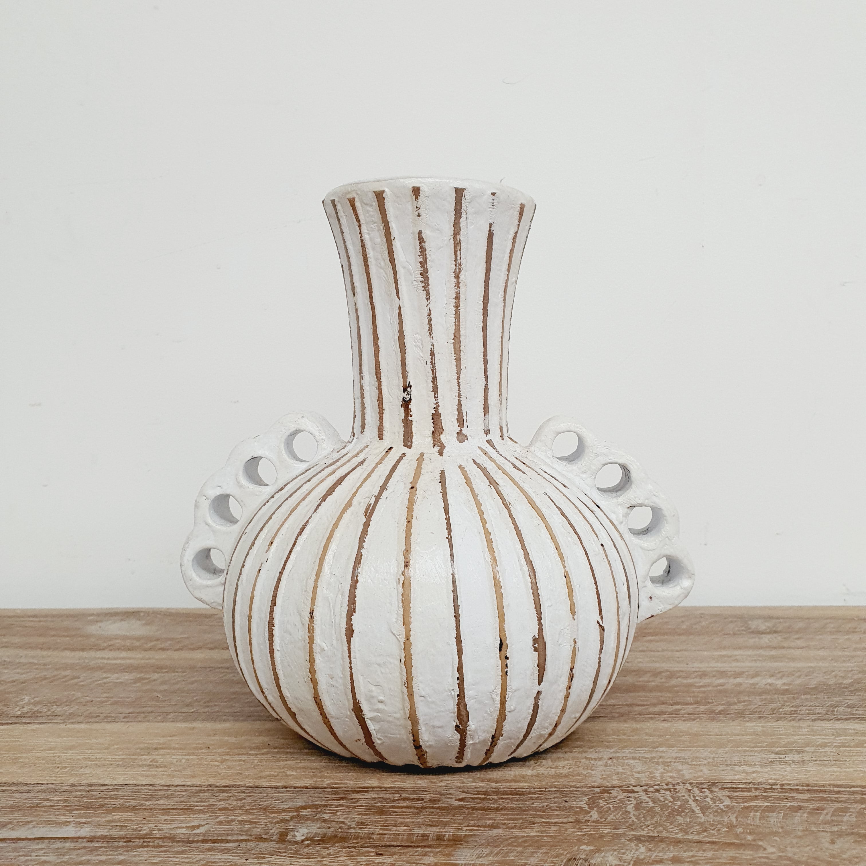 Handmade White Striped Terracotta Vase with Handles - Boho Home Decor for Living Room, Bedroom & Office - Perfect for Flowers, Plants & Centerpieces